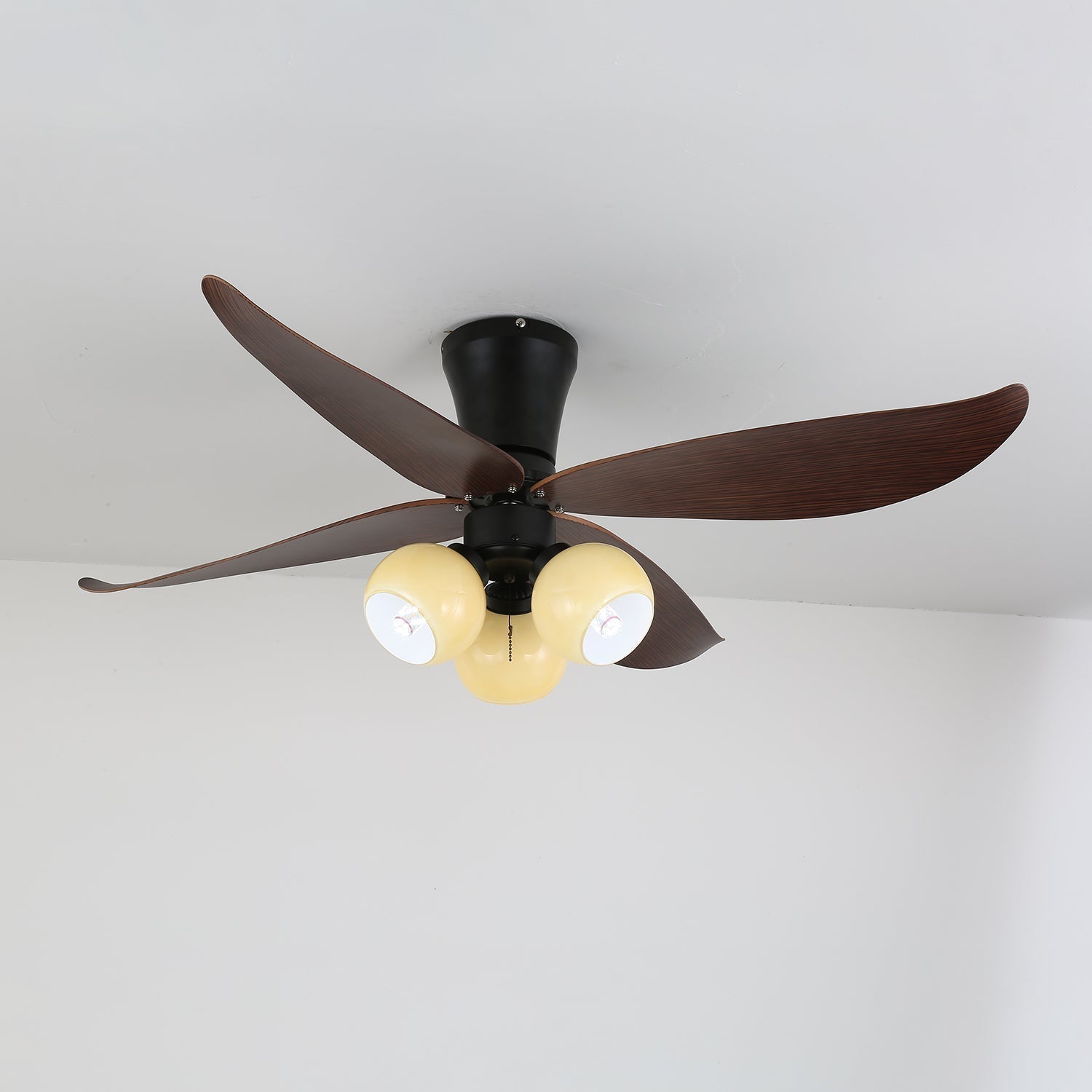 Ventilator de tavan scandinav cu iluminare, design din lemn și sticlă, 90 cm – Lamylie