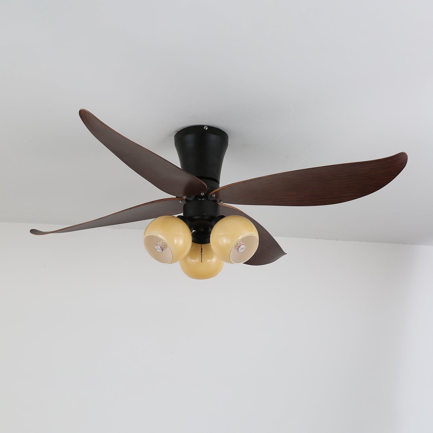 Ventilator de tavan scandinav cu iluminare, design din lemn și sticlă, 90 cm – Lamylie