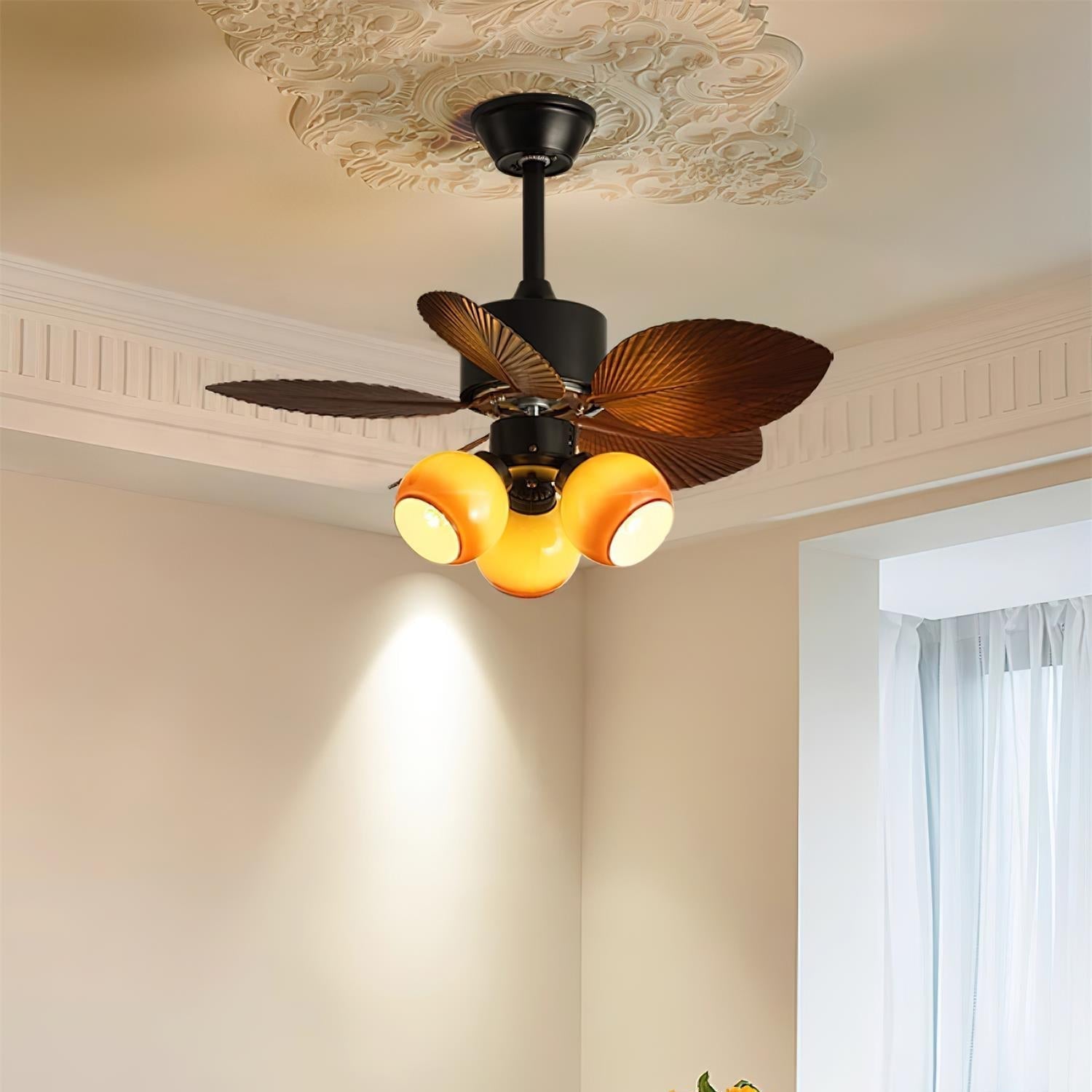 Tropický stropní ventilátor se skleněným osvětlením Ø76 cm | Stropní ventilátor s lampou, dálkovým ovládáním, stmívatelný, 6 rychlostí, měděný motor, do ložnice a obývacího pokoje – Lamylie