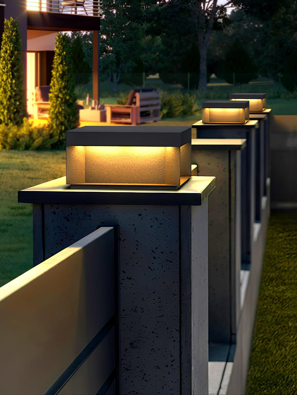 Outdoor-Gartenlampe Quadrat — Wasserdicht IP65 Pfostenleuchte Schwarz Metall & Mattiertes Glas — 20×20×10 cm / 30×30×15 cm / 40×40×20 cm / 50×50×35 cm — Solarpanel oder Netzanschluss — 3000K/4000K/6000K — Einfahrt, Terrasse, Weg & Zaun - Lamylie