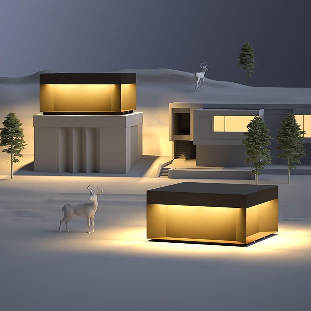 Outdoor-Gartenlampe Quadrat — Wasserdicht IP65 Pfostenleuchte Schwarz Metall & Mattiertes Glas — 20×20×10 cm / 30×30×15 cm / 40×40×20 cm / 50×50×35 cm — Solarpanel oder Netzanschluss — 3000K/4000K/6000K — Einfahrt, Terrasse, Weg & Zaun - Lamylie