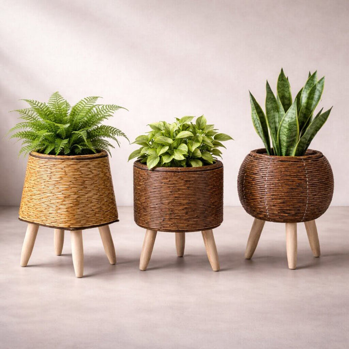 Pot pour plantes avec support en bois | Texture de panier tressé | Convient à l’intérieur comme à l’extérieur | Plantara - Lamylie