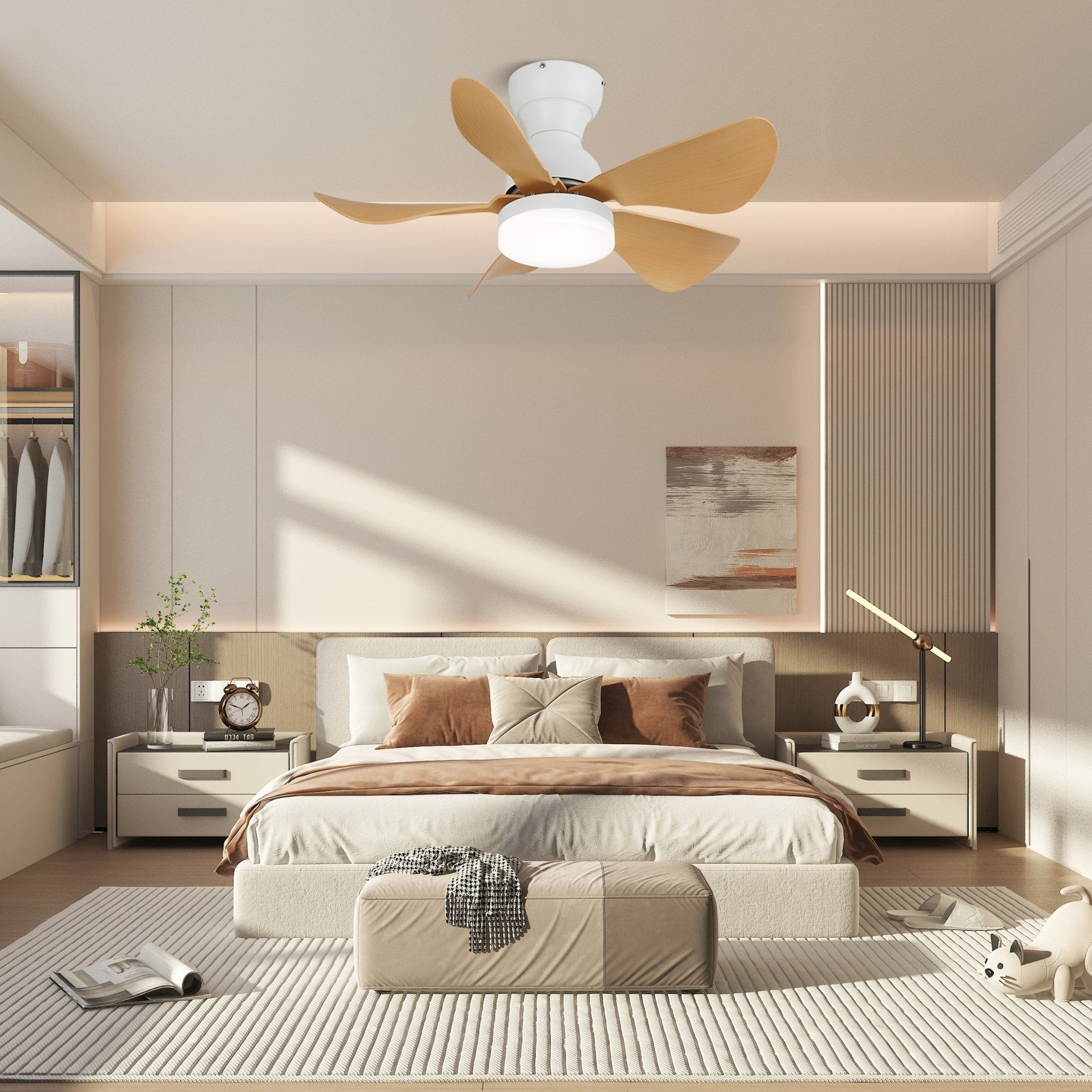 Takfläkt med integrerad LED-belysning och träeffekt, 74 cm – Lamylie