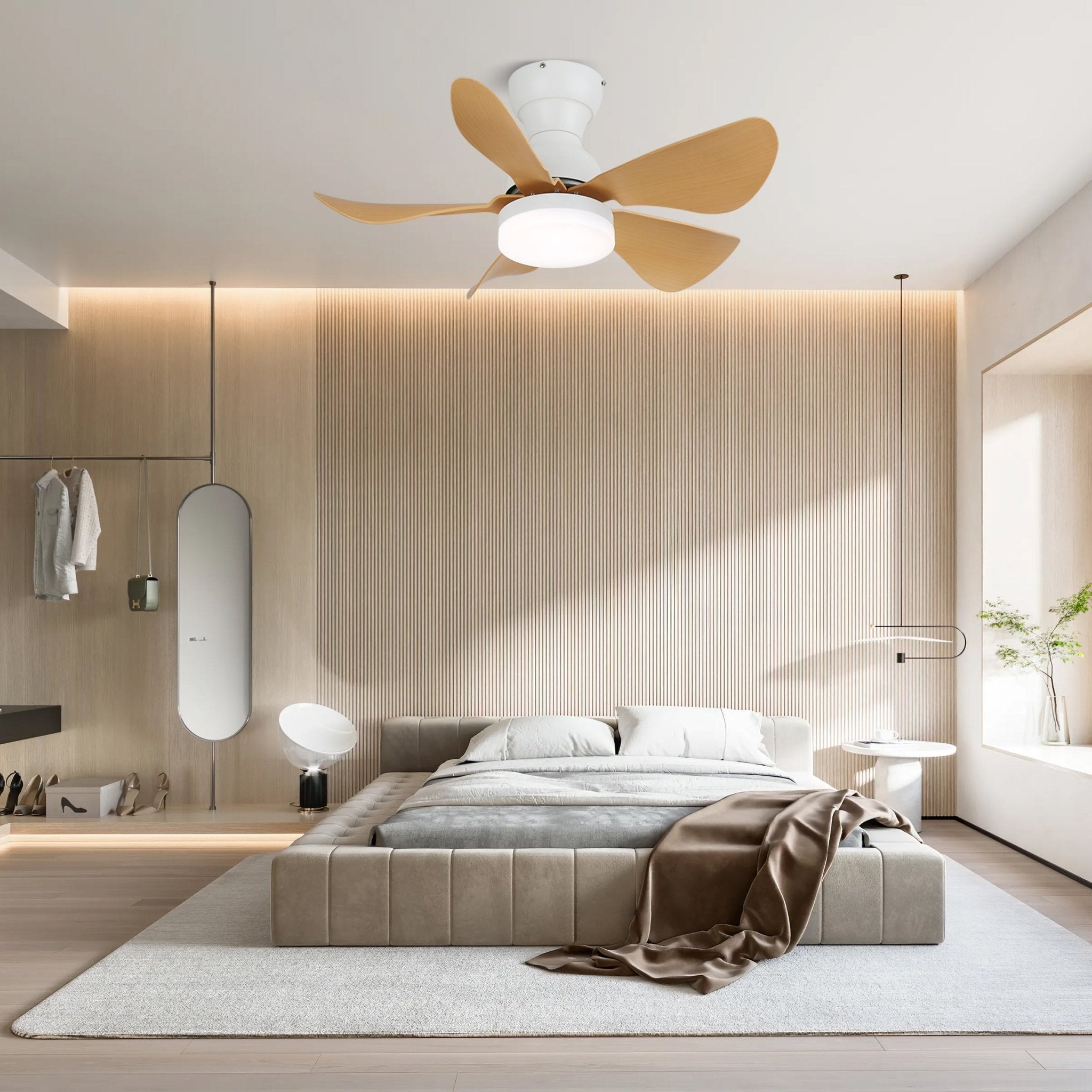 Takfläkt med integrerad LED-belysning och träeffekt, 74 cm – Lamylie