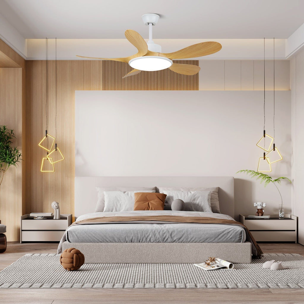 Ventilator de tavan cu iluminare LED și telecomandă | Design scandinav cu finisaj cu textură de lemn - Lamylie