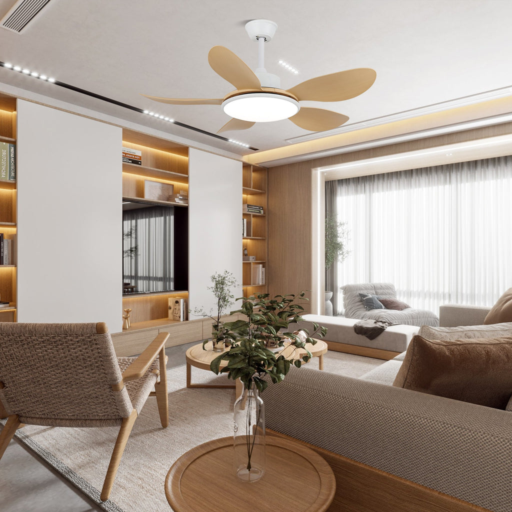 Ventilator de tavan cu iluminare LED și telecomandă | Design scandinav cu finisaj cu textură de lemn - Lamylie
