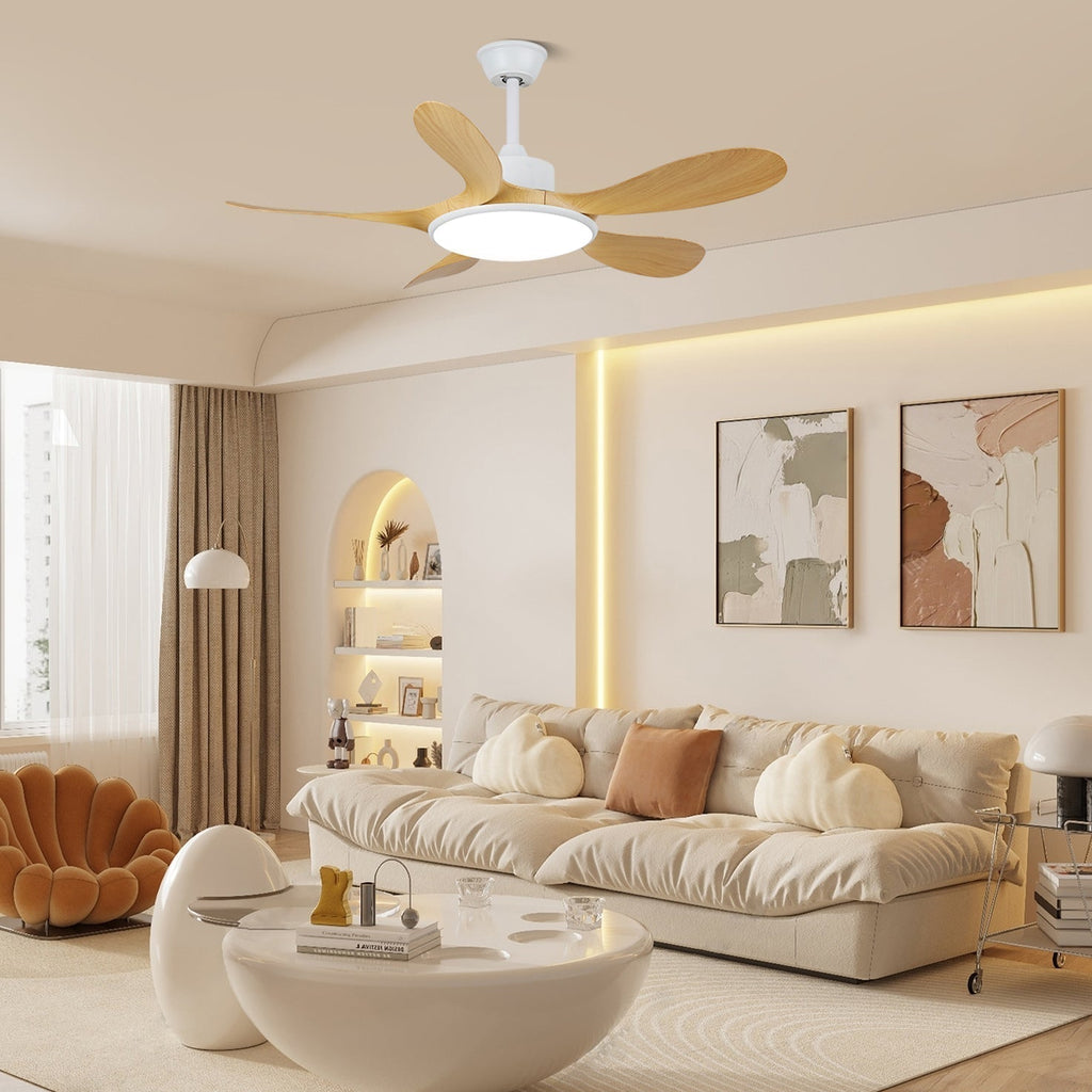 Ventilator de tavan cu iluminare LED și telecomandă | Design scandinav cu finisaj cu textură de lemn - Lamylie