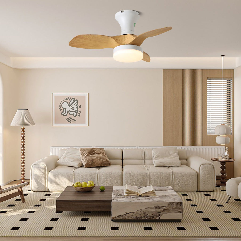 Ventilateur de plafond scandinave avec éclairage | Lampe-ventilateur minimaliste en bois et blanc - Lamylie