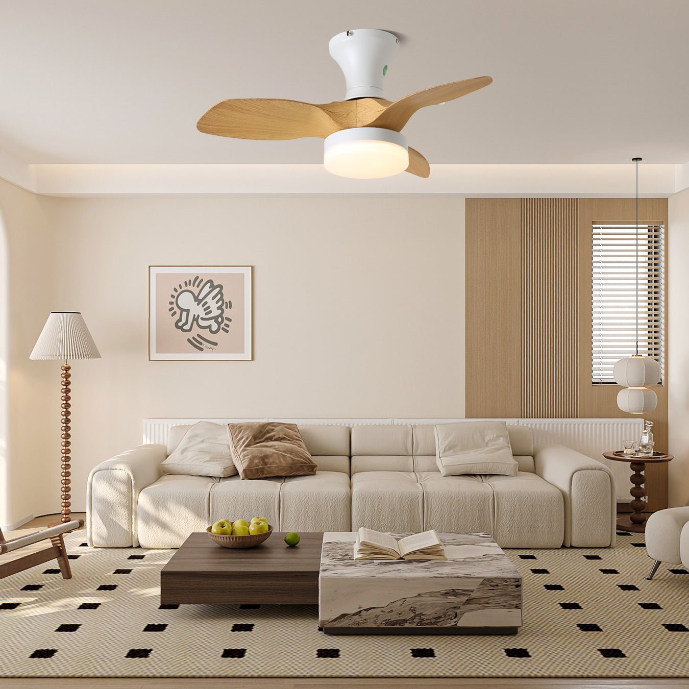 Ventilateur de plafond scandinave avec éclairage | Lampe-ventilateur minimaliste en bois et blanc - Lamylie