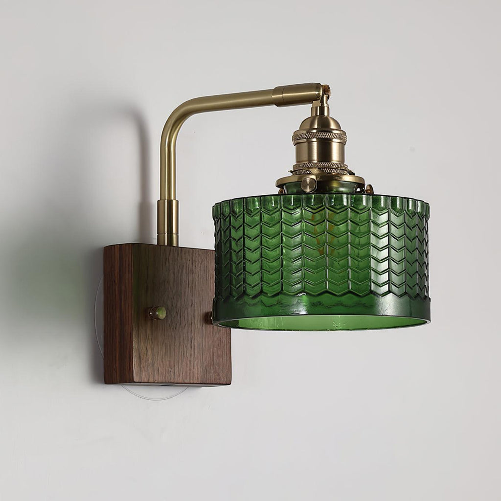 Elegante groene wandlamp met houten voet en glazen kap | Uniek schubbenpatroon voor sfeervolle verlichting - Lamylie