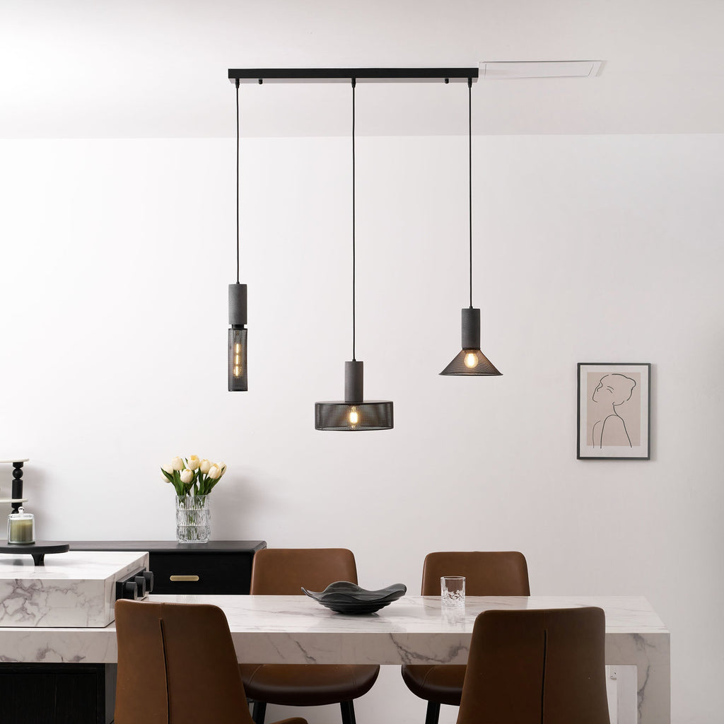 Industriell pendellampe med sement og svart netting — 6 former – Lamylie