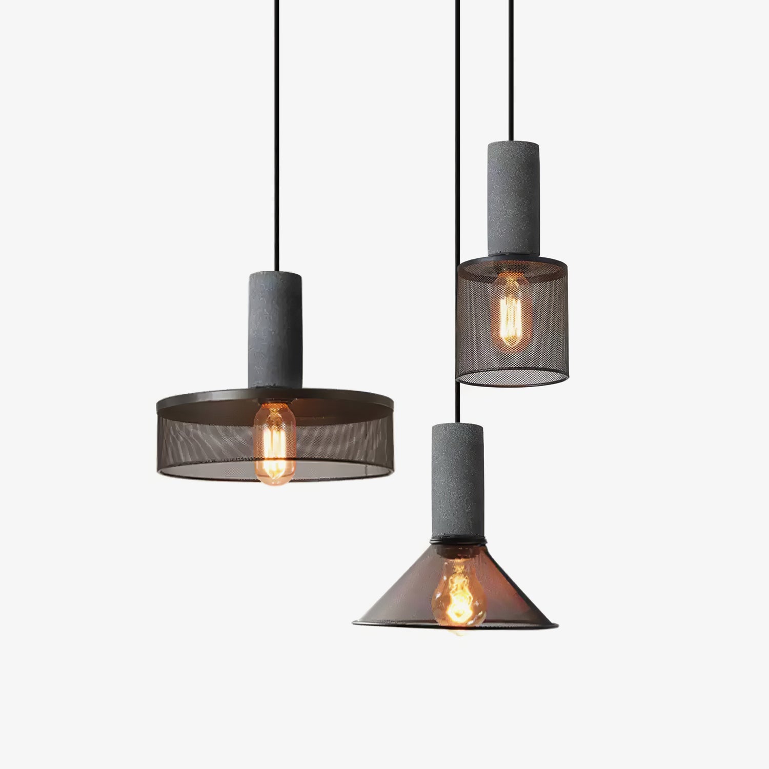 Průmyslová závěsná lampa s cementem a černou mřížkou — 6 tvarů – Lamylie