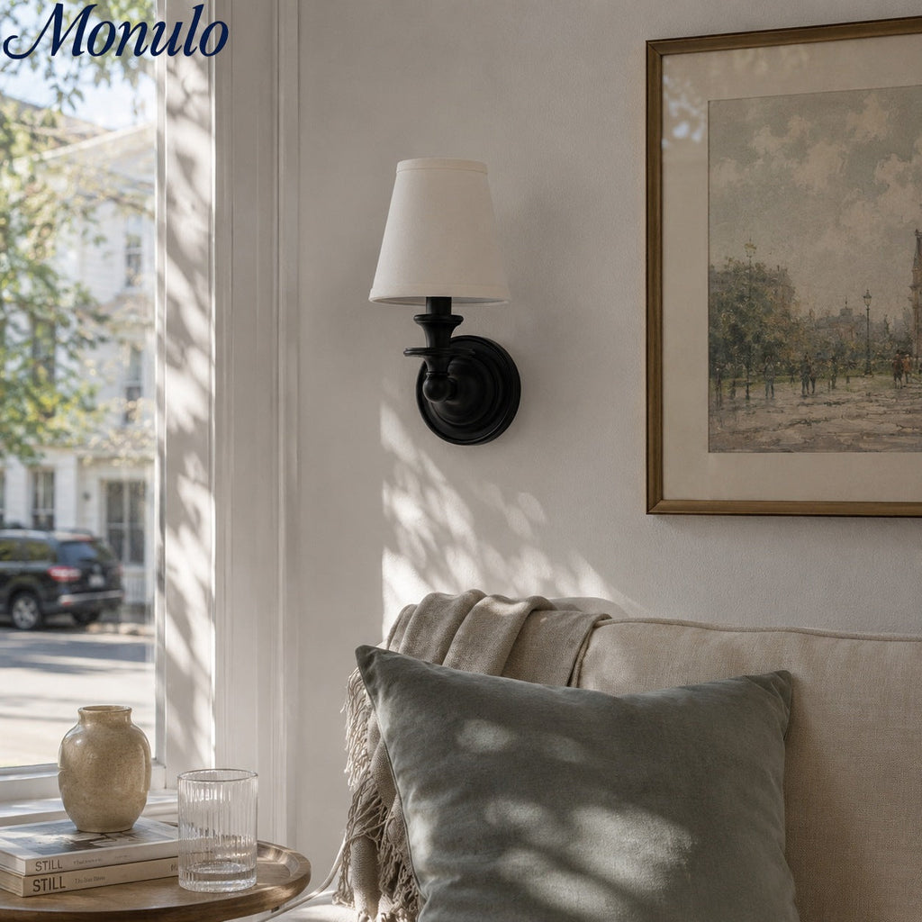 Wall Lamp with Fabric Shade and Gooseneck Arm | Wrought Iron Fixture with Adjustable Reading Lamp - Lamylie