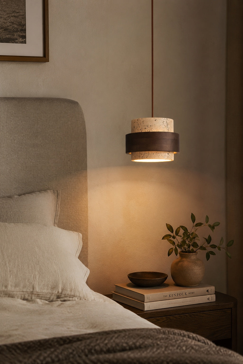 Wooden Pendant Lamp with Travertine Finish | Organic Light Source Dining Room Living Room - Lamylie