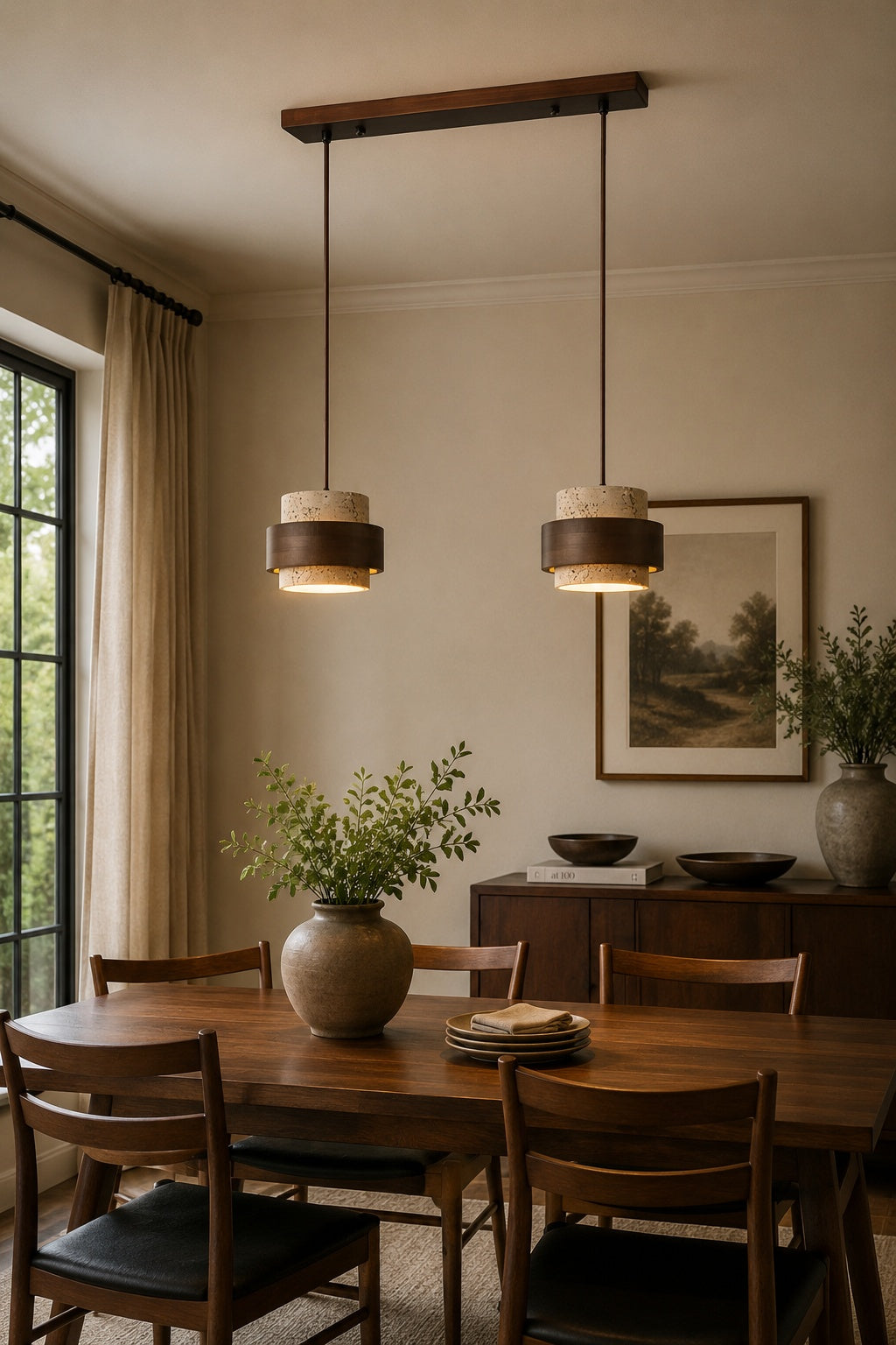 Wooden Pendant Lamp with Travertine Finish | Organic Light Source Dining Room Living Room - Lamylie