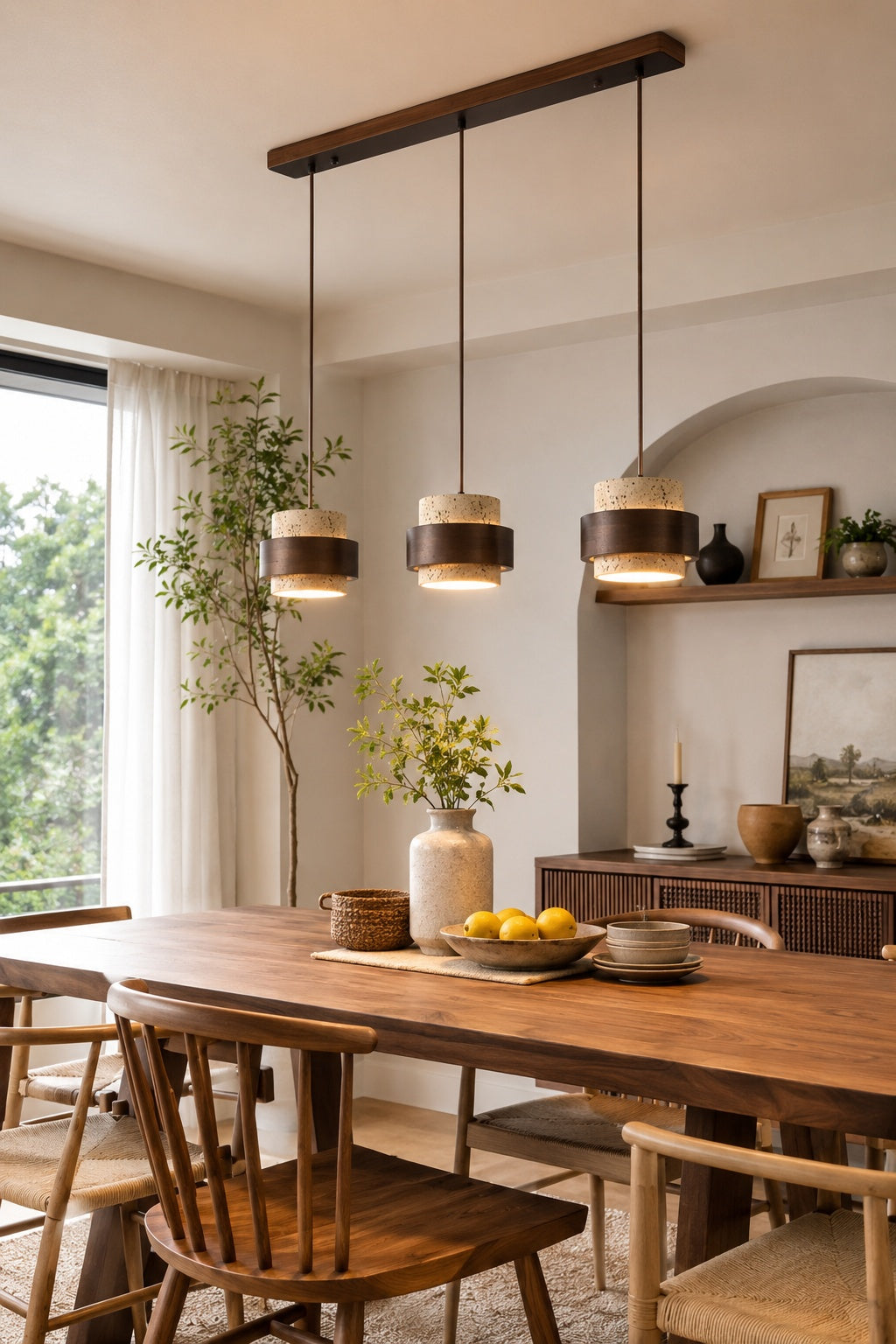 Wooden Pendant Lamp with Travertine Finish | Organic Light Source Dining Room Living Room - Lamylie