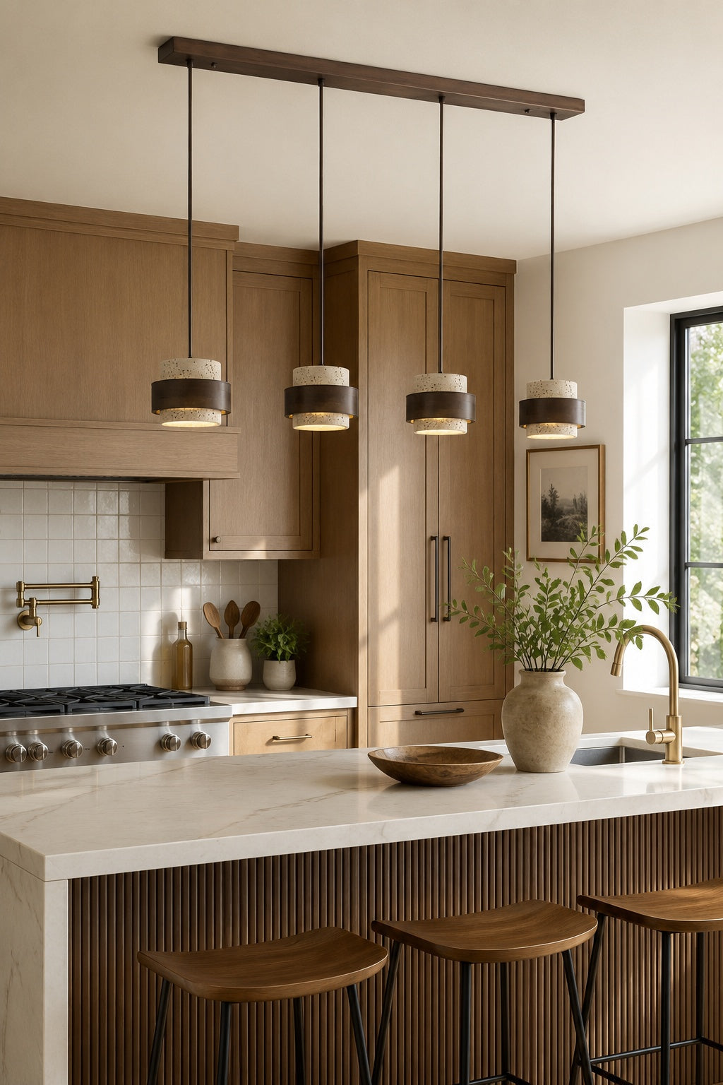 Wooden Pendant Lamp with Travertine Finish | Organic Light Source Dining Room Living Room - Lamylie