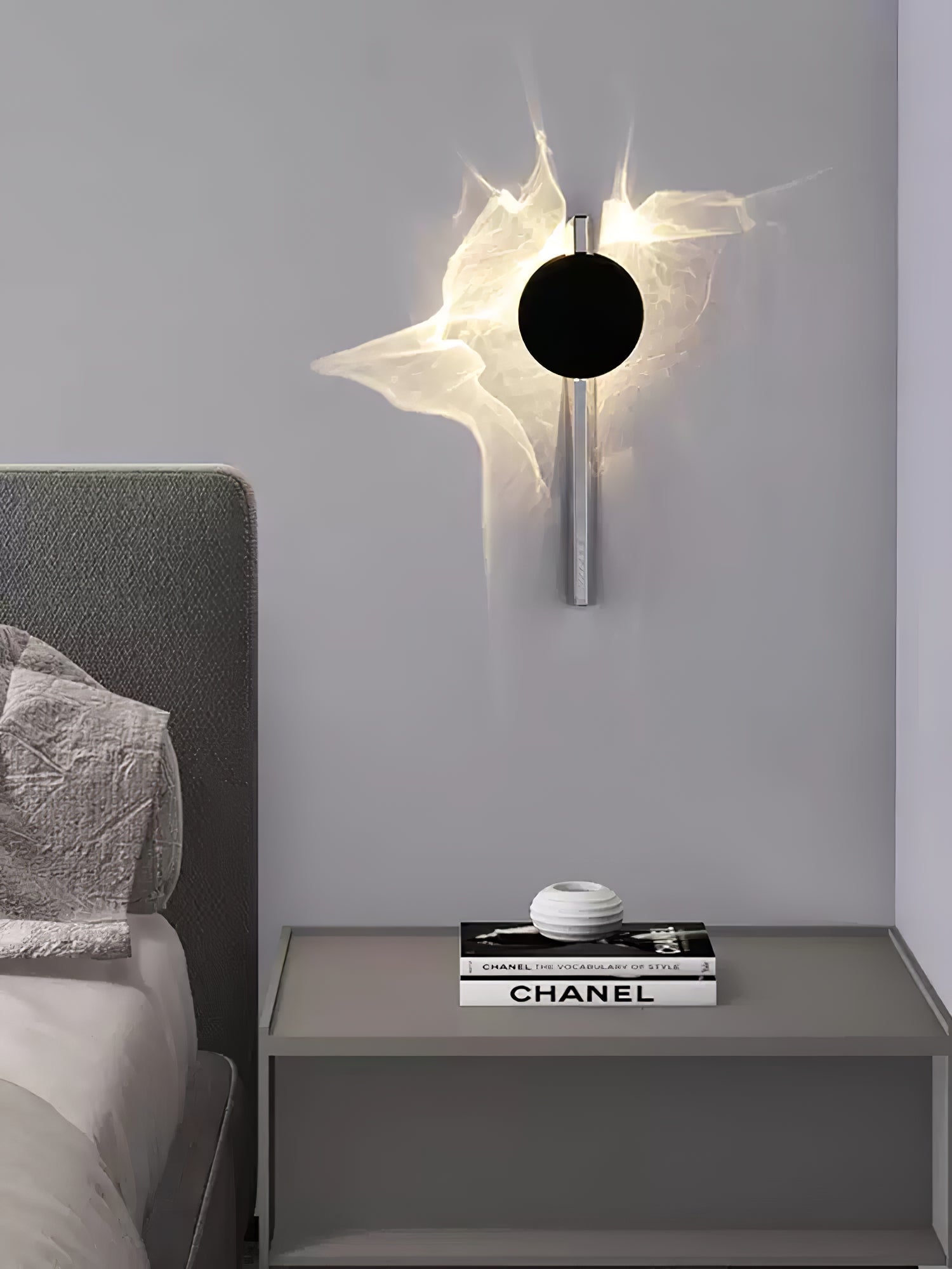 Kinetisk vägglampeskulptur med skuggprojektion i krom – Lamylie