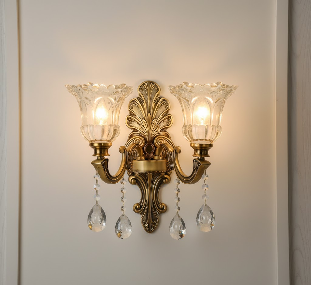 Vintage Gold Glass Double Wall Lamp Classic Warm White Light Indoor Wall Lamp E14 Bedroom Living Room Hall Decorative Lighting Wall Light - Lamylie