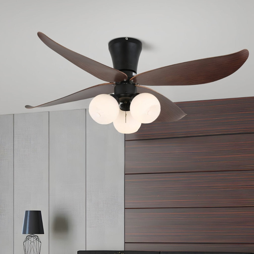 Ventilator de tavan scandinav cu iluminare, design din lemn și sticlă, 90 cm – Lamylie
