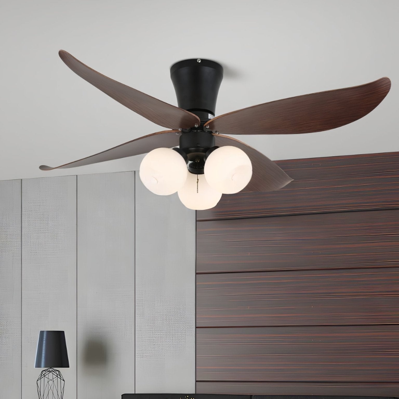 Ventilator de tavan scandinav cu iluminare, design din lemn și sticlă, 90 cm – Lamylie