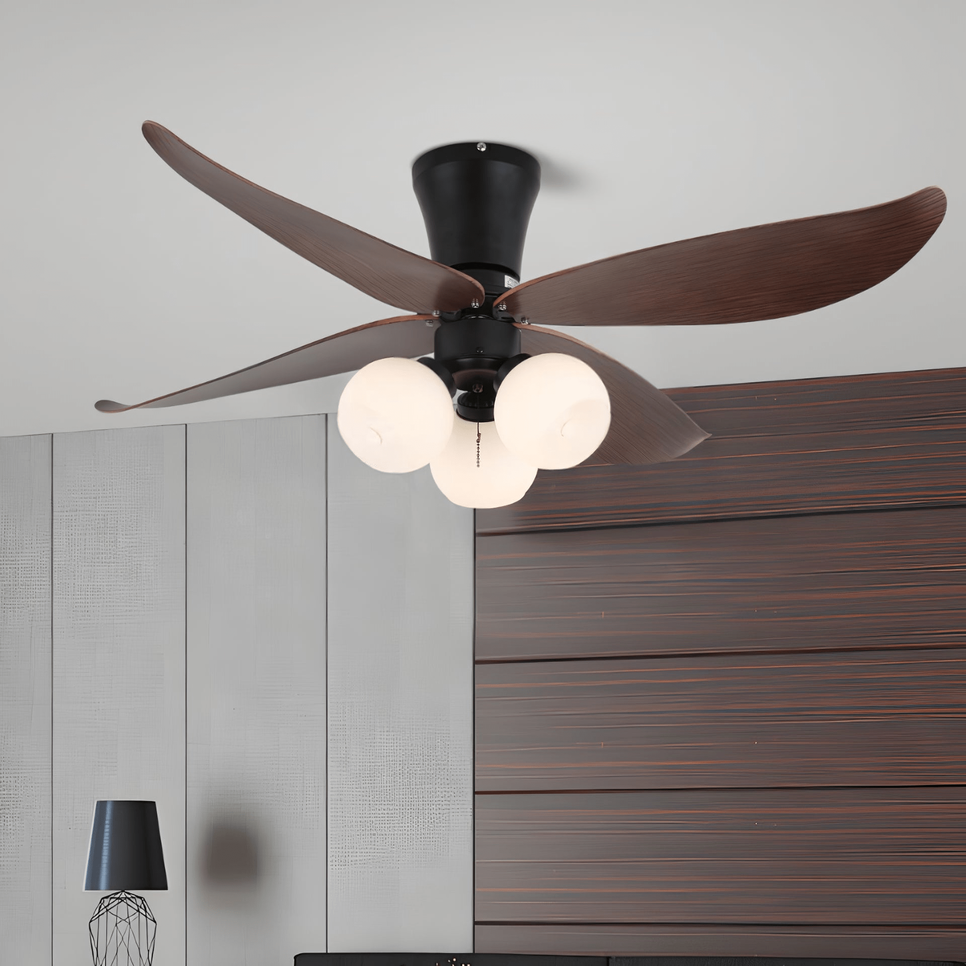 Ventilator de tavan scandinav cu iluminare, design din lemn și sticlă, 90 cm – Lamylie