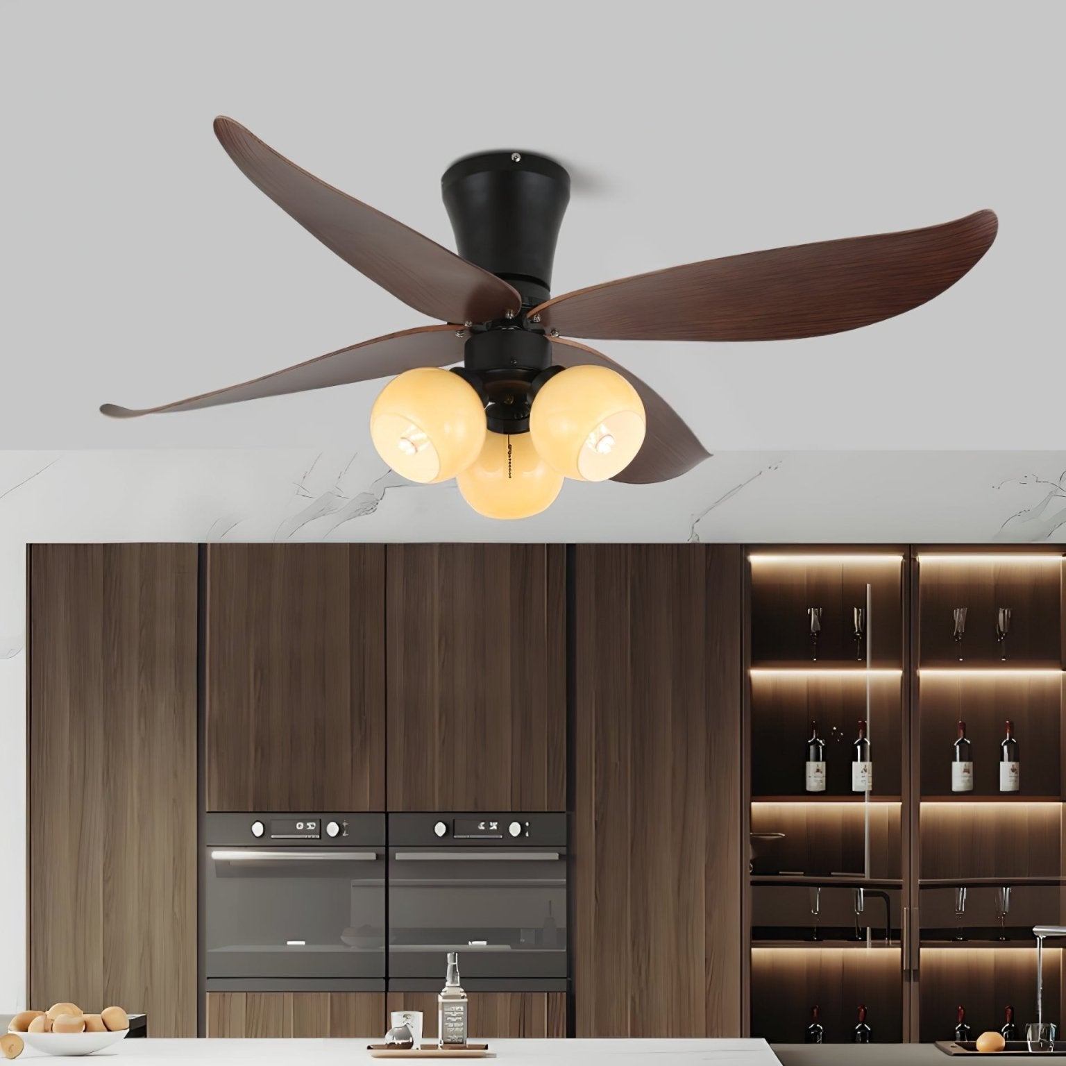 Ventilator de tavan scandinav cu iluminare, design din lemn și sticlă, 90 cm – Lamylie