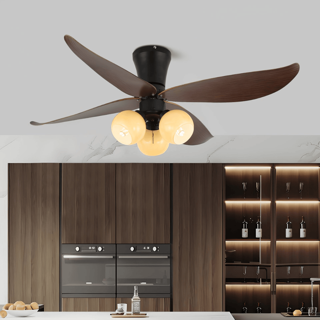Ventilator de tavan scandinav cu iluminare, design din lemn și sticlă, 90 cm – Lamylie