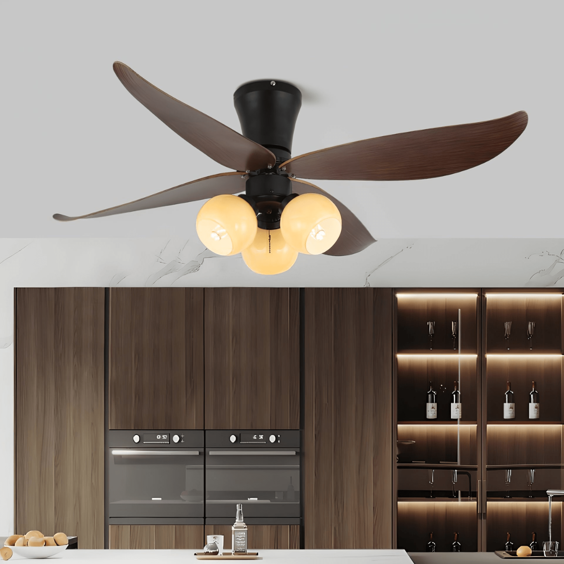 Ventilator de tavan scandinav cu iluminare, design din lemn și sticlă, 90 cm – Lamylie
