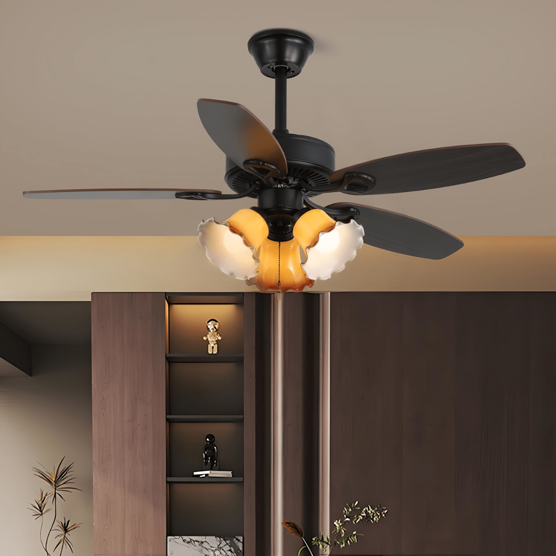 Ventilator de tavan cu iluminare, lemn vintage și sticlă, 107 cm, lampă de tavan în stil scandinav retro, cu telecomandă – Lamylie