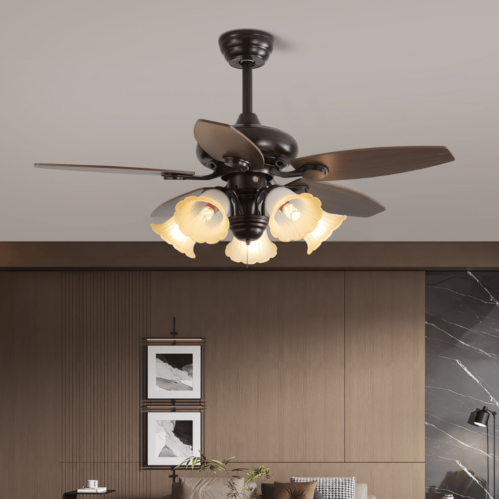 Vintage ceiling fan with lighting Florence | Wood and glass | Country design | Ø107cm with 3 or 5 light points | 6 speeds | LED Edison dimmable | Remote control included | Scandinavian design - Lamylie