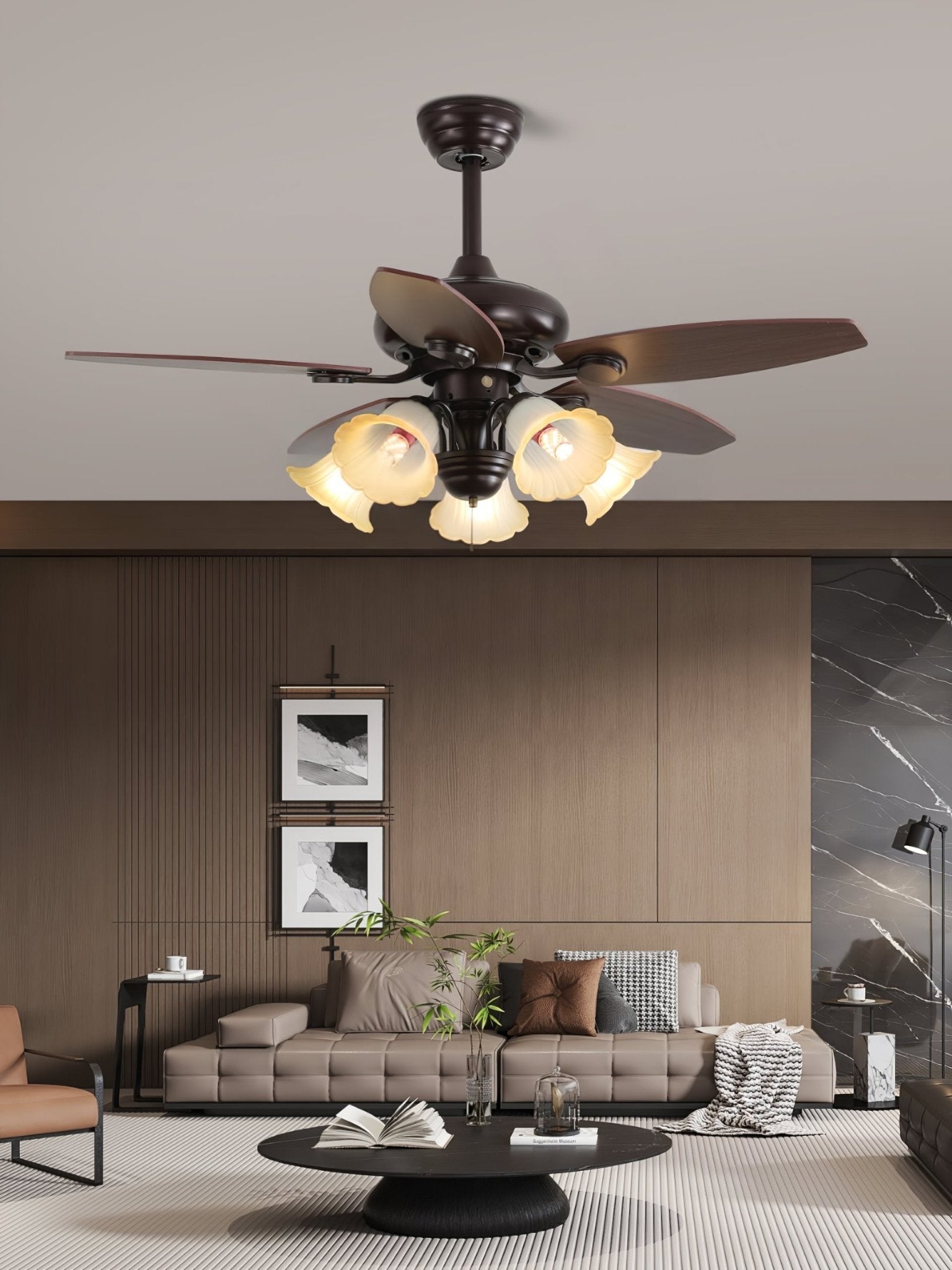 Vintage ceiling fan with lighting Florence | Wood and glass | Country design | Ø107cm with 3 or 5 light points | 6 speeds | LED Edison dimmable | Remote control included | Scandinavian design - Lamylie
