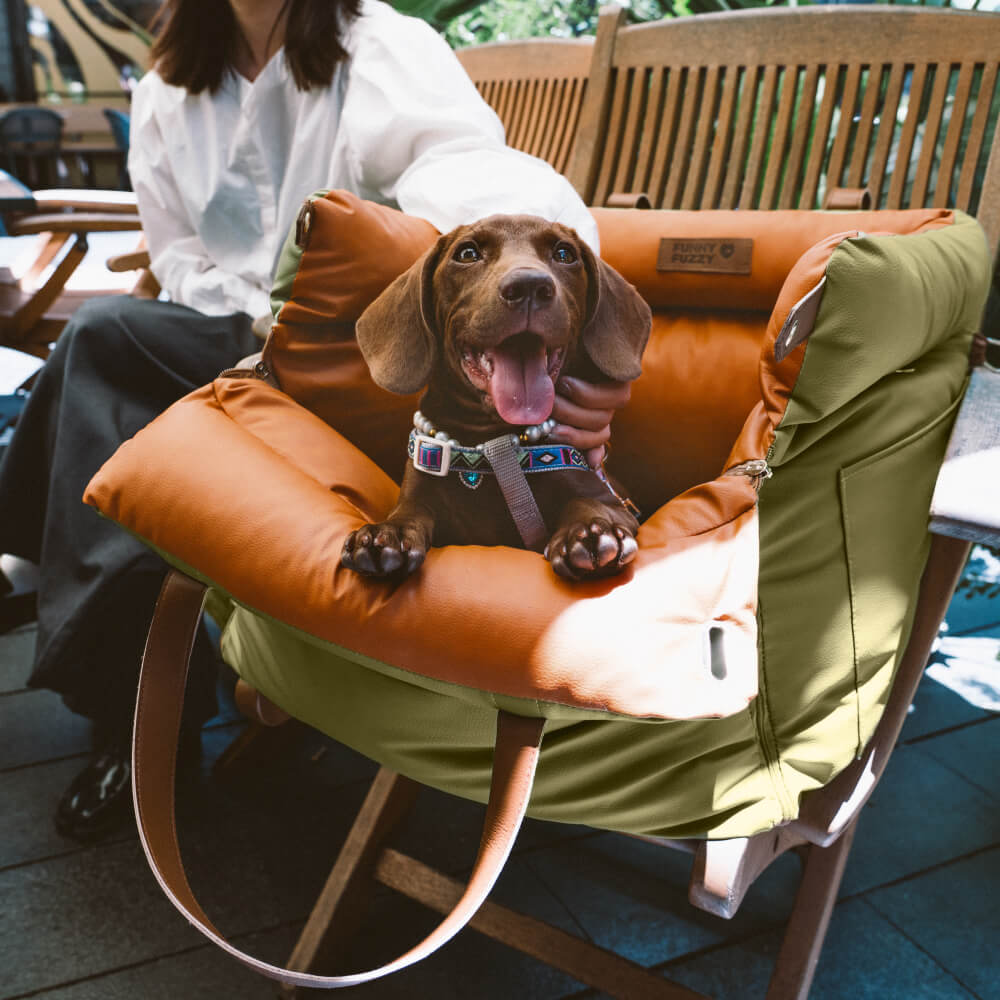 Seggiolino auto e trasportino di lusso per cani in ecopelle con cinghie di sicurezza | Cuccia rialzata idrorepellente per cani di taglia piccola e media - Lamylie
