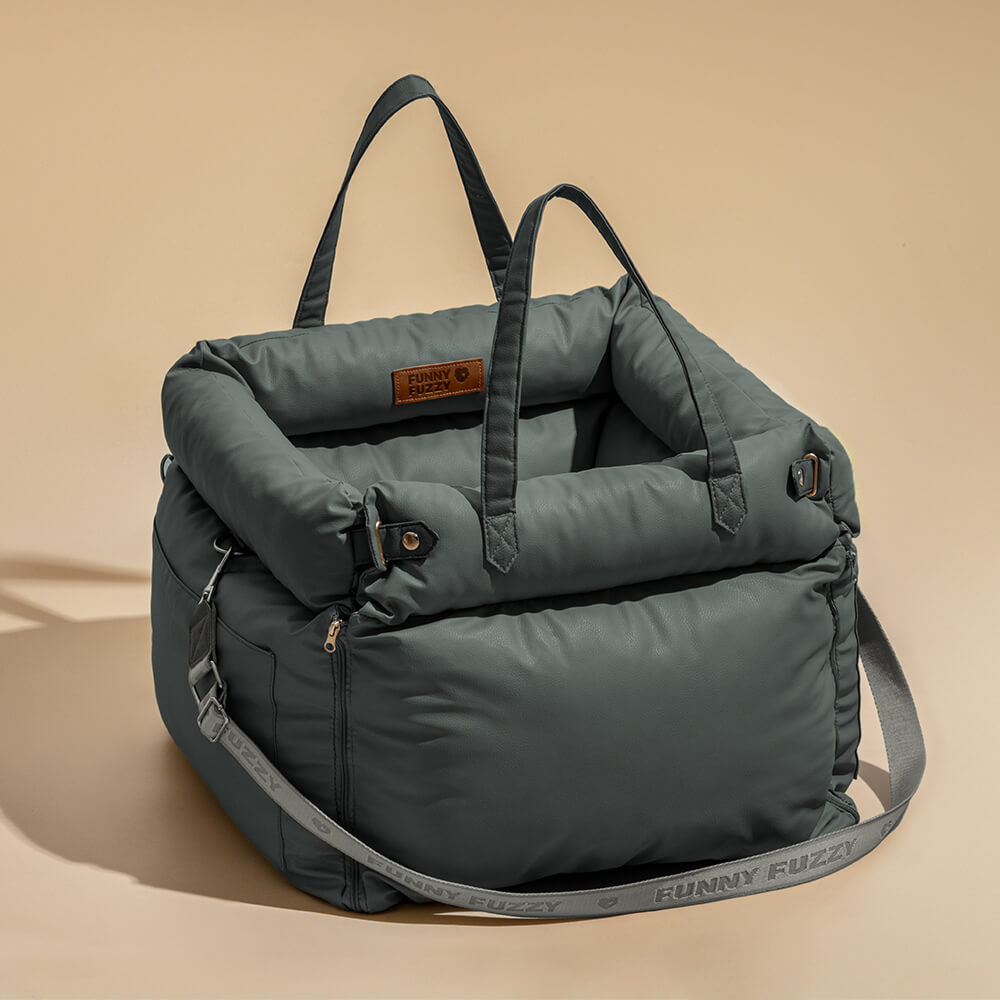 Seggiolino auto e trasportino di lusso per cani in ecopelle con cinghie di sicurezza | Cuccia rialzata idrorepellente per cani di taglia piccola e media - Lamylie