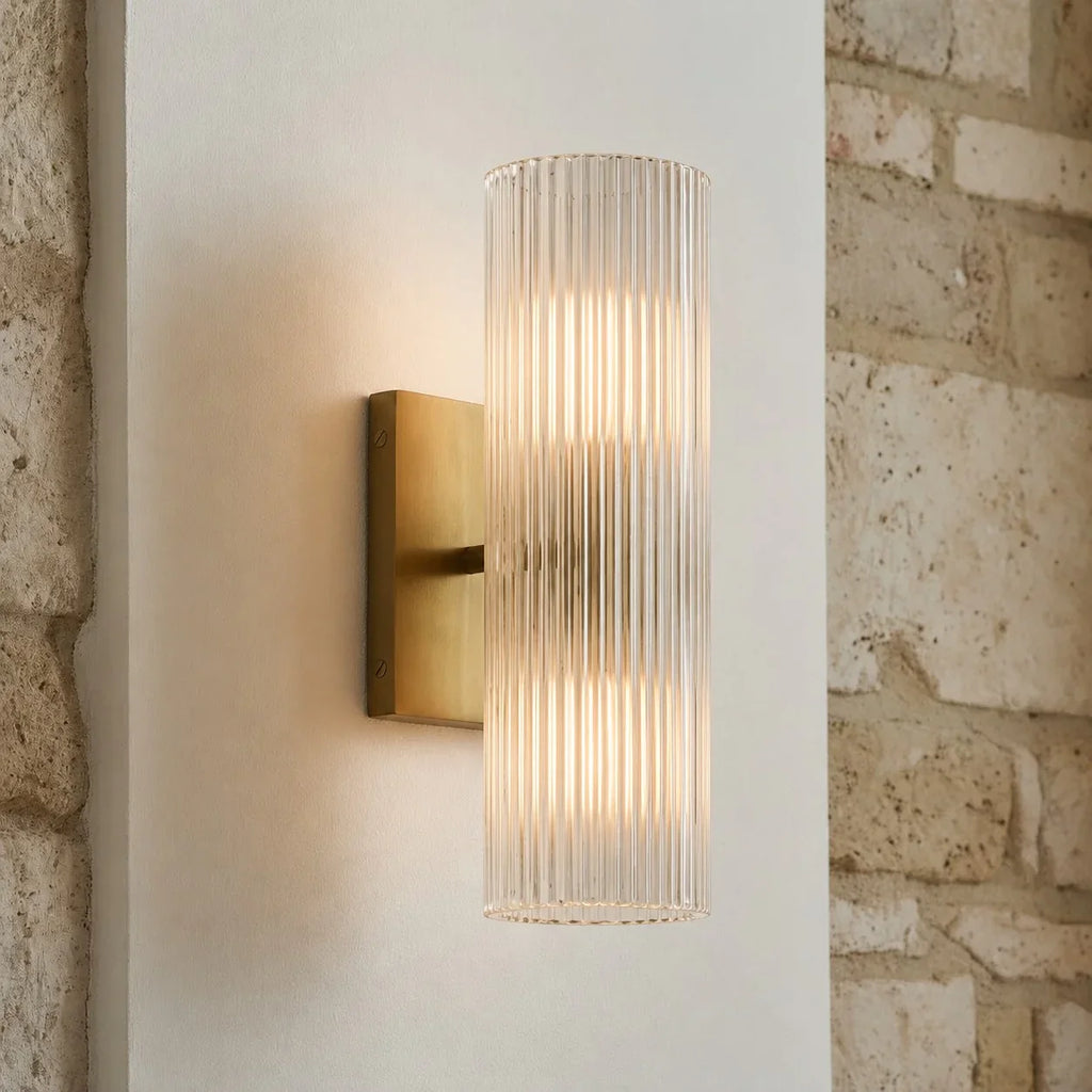 Cylindrical Wall Lamp with Natural Alabaster or Ribbed Glass Shade Bronze Nickel Brass - Lamylie