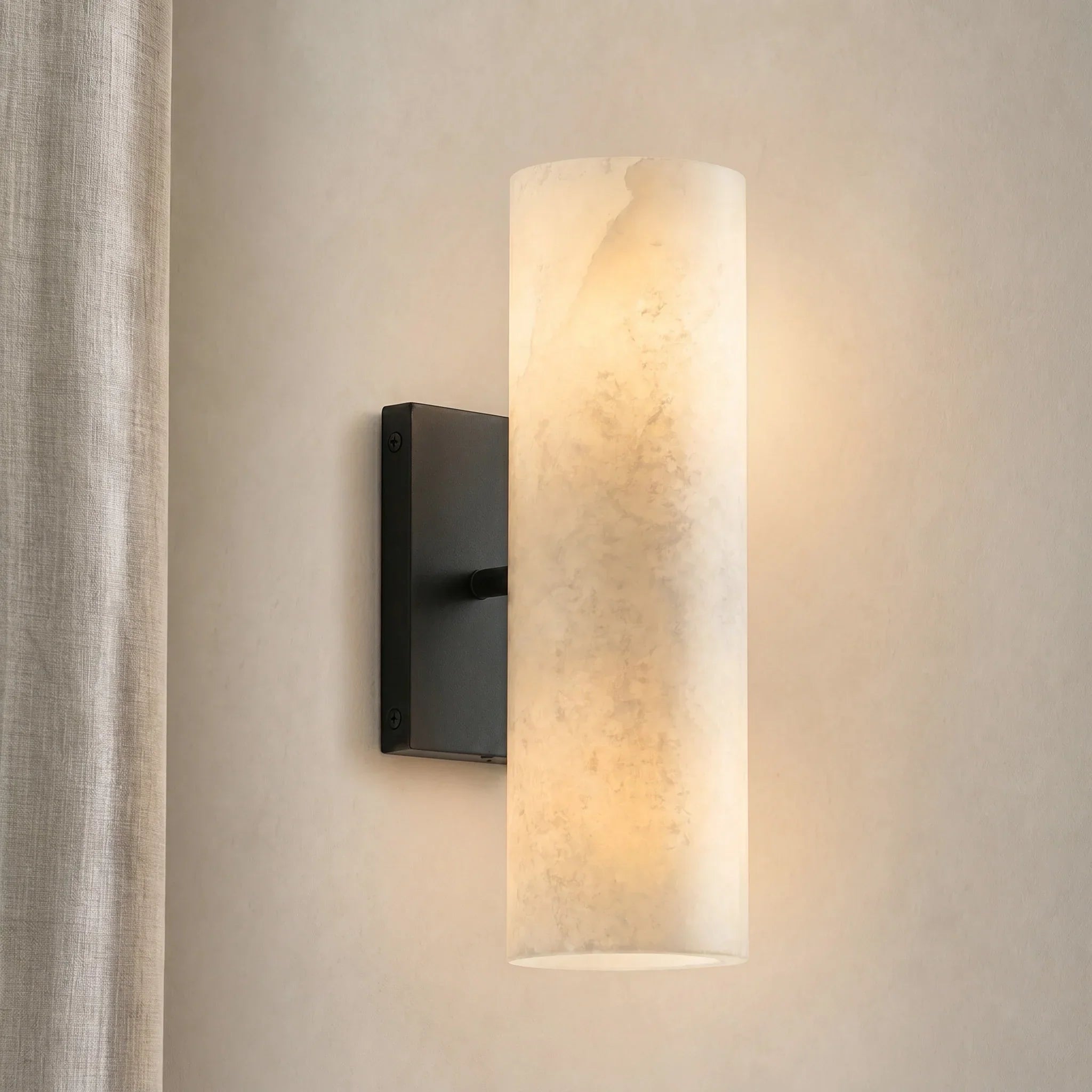 Cylindrical Wall Lamp with Natural Alabaster or Ribbed Glass Shade Bronze Nickel Brass - Lamylie