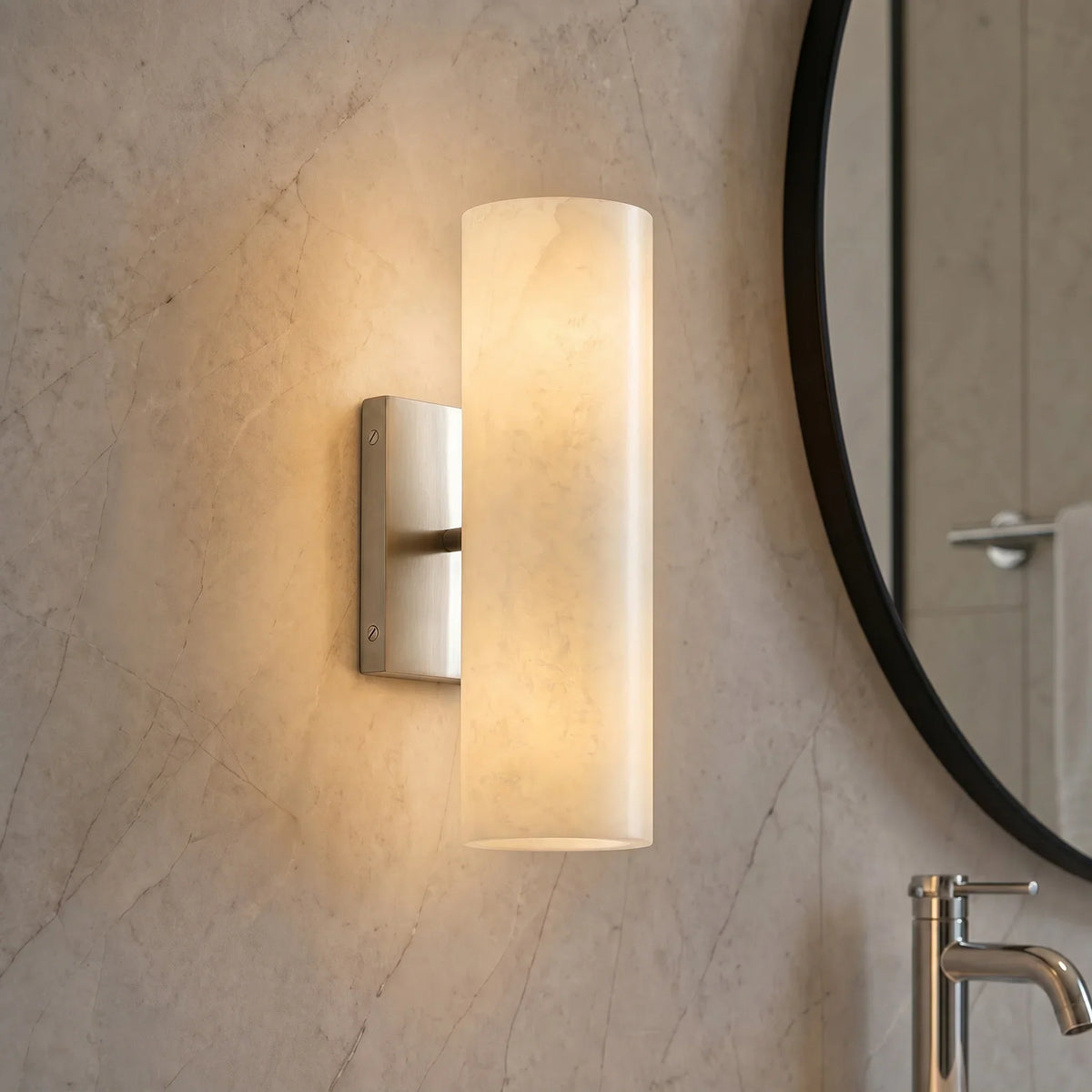 Cylindrical Wall Lamp with Natural Alabaster or Ribbed Glass Shade Bronze Nickel Brass - Lamylie