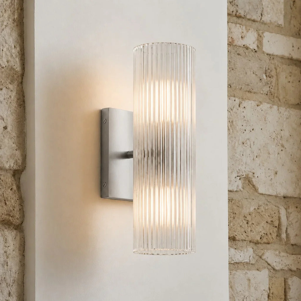 Cylindrical Wall Lamp with Natural Alabaster or Ribbed Glass Shade Bronze Nickel Brass - Lamylie
