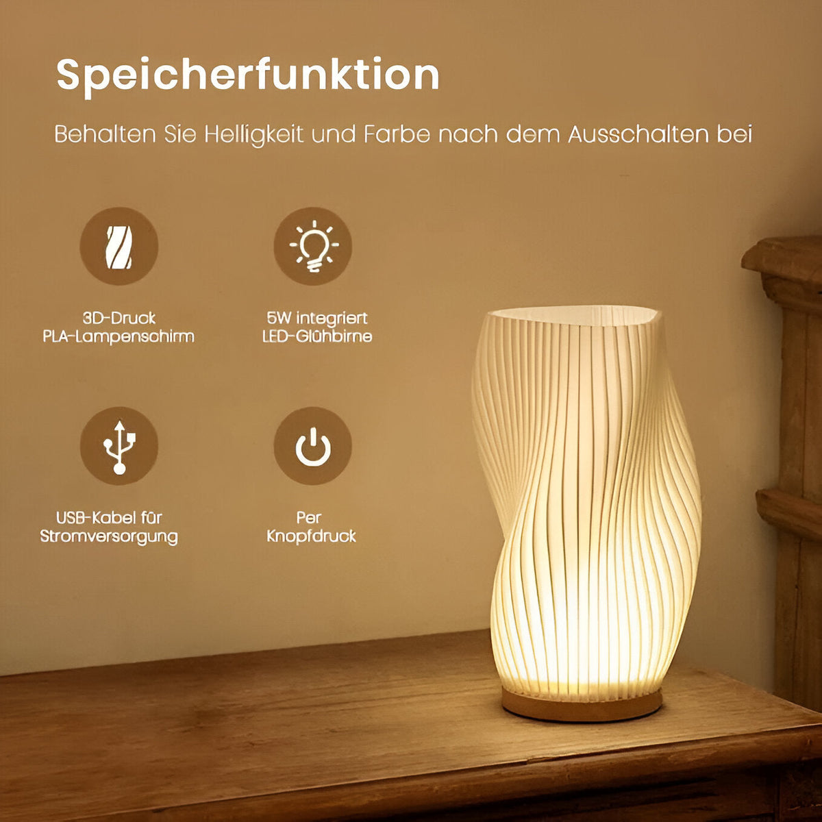 DreamWave - Lampe 3D moderne couleur crème, avec base métallique élégante - Lamylie