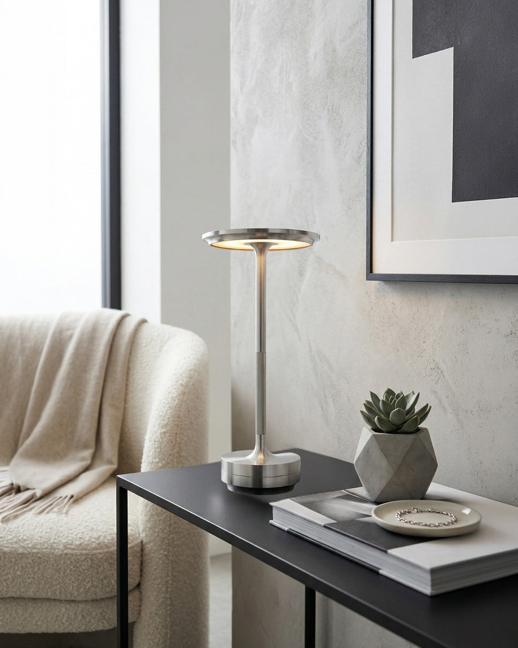 Rechargeable LED Table Lamp with Dim Function Cylinder Shape Metal Wireless Ambient Lamp - Lamylie