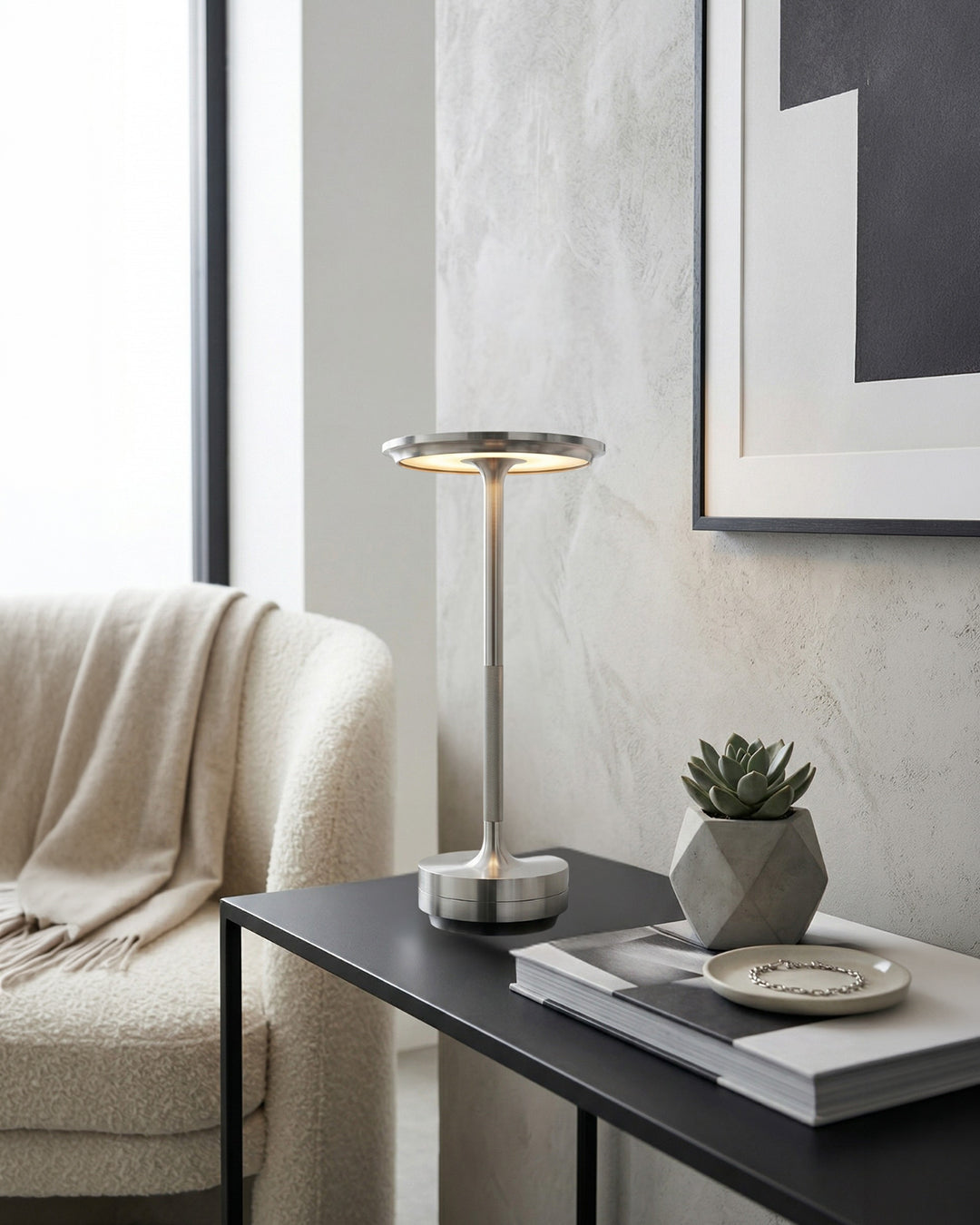 Rechargeable LED Table Lamp with Dim Function Cylinder Shape Metal Wireless Ambient Lamp - Lamylie