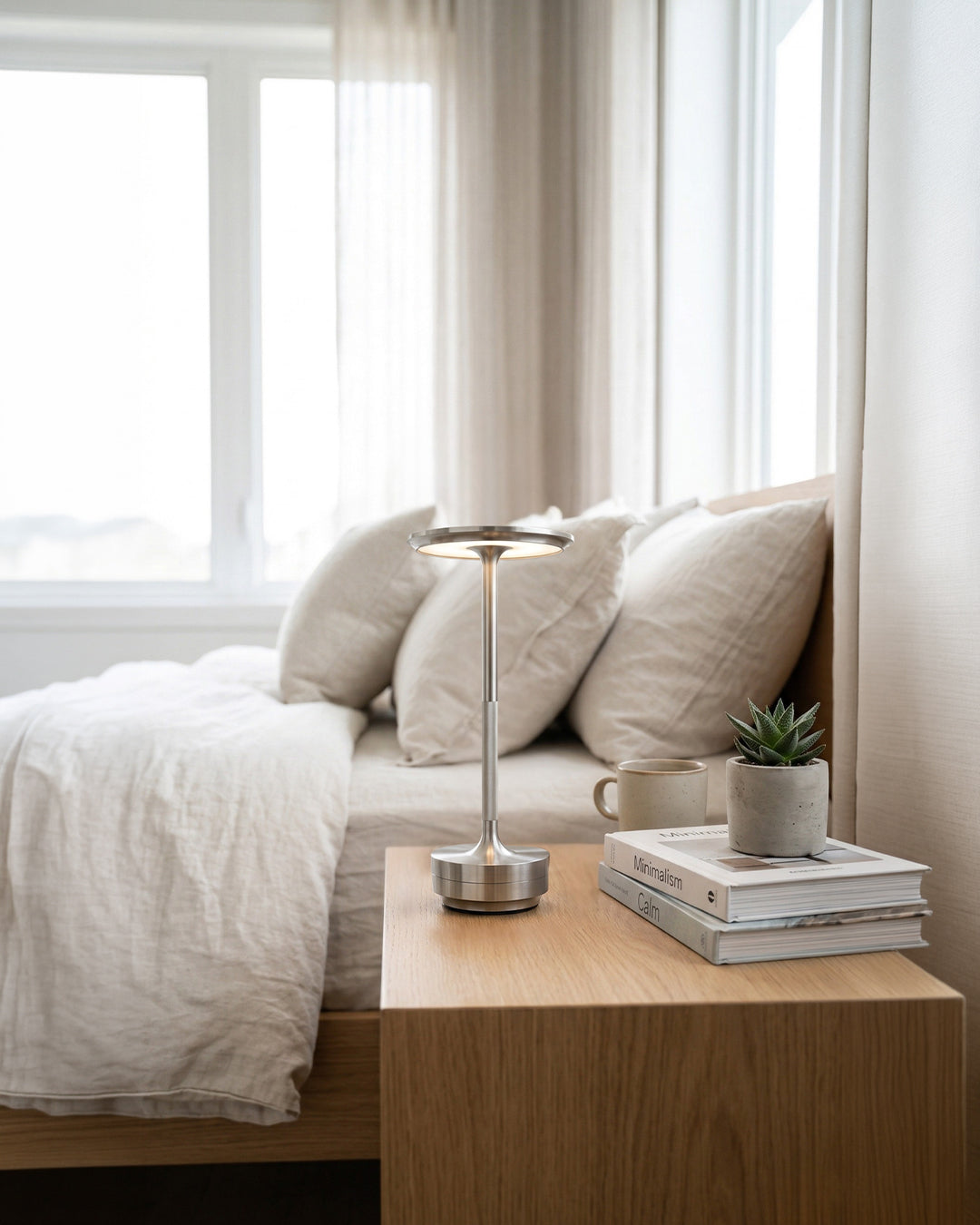 Rechargeable LED Table Lamp with Dim Function Cylinder Shape Metal Wireless Ambient Lamp - Lamylie