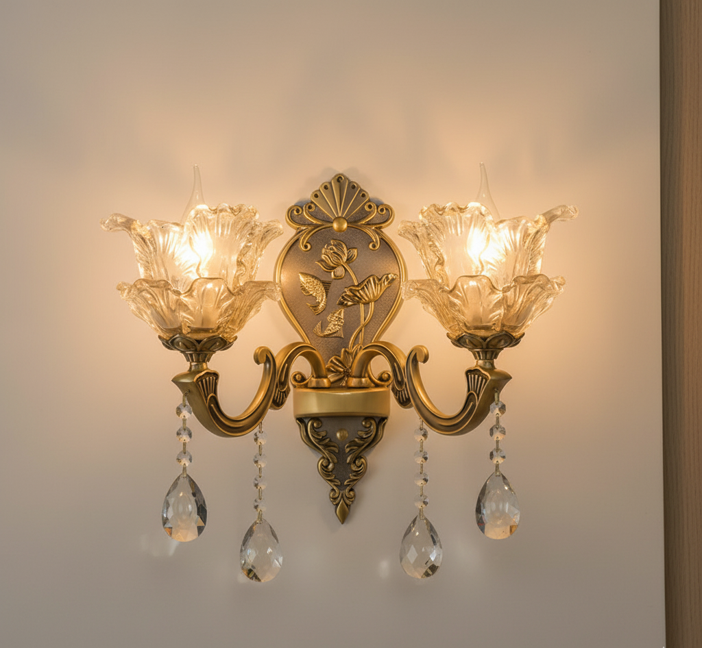 Vintage Gold Glass Double Wall Lamp Classic Warm White Light Indoor Wall Lamp E14 Bedroom Living Room Hall Decorative Lighting Wall Light - Lamylie