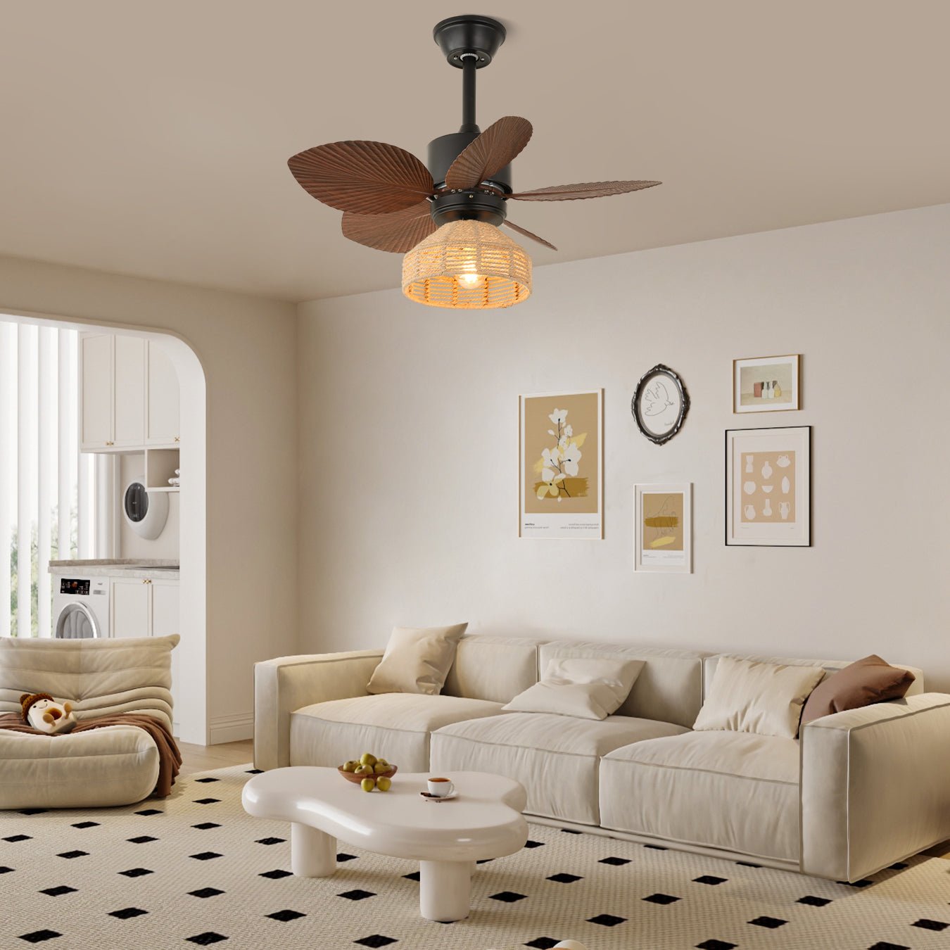 Tropisk takvifte med belysning | Rattanfinish Ø76 cm | Justerbare hastigheter – Lamylie