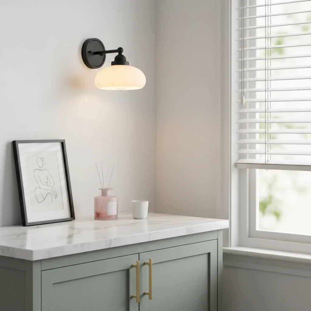 Vintage nástěnná lampa s mléčně bílým sklem v industriálním stylu pro ložnici a chodbu – Lamylie