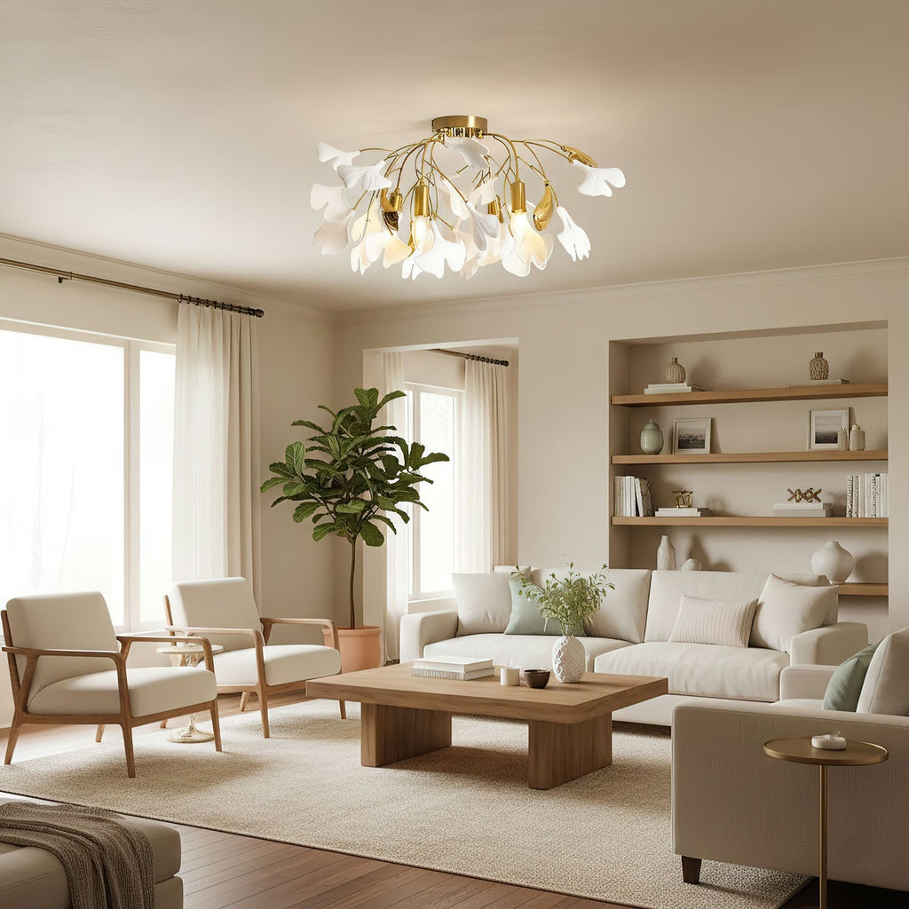 Ceramic Pendant Lamp Ginkgo Leaf | Gold-Colored Fixture with White Leaves | Modern Nature-Inspired Design for Living Room Dining Room Bedroom - Lamylie