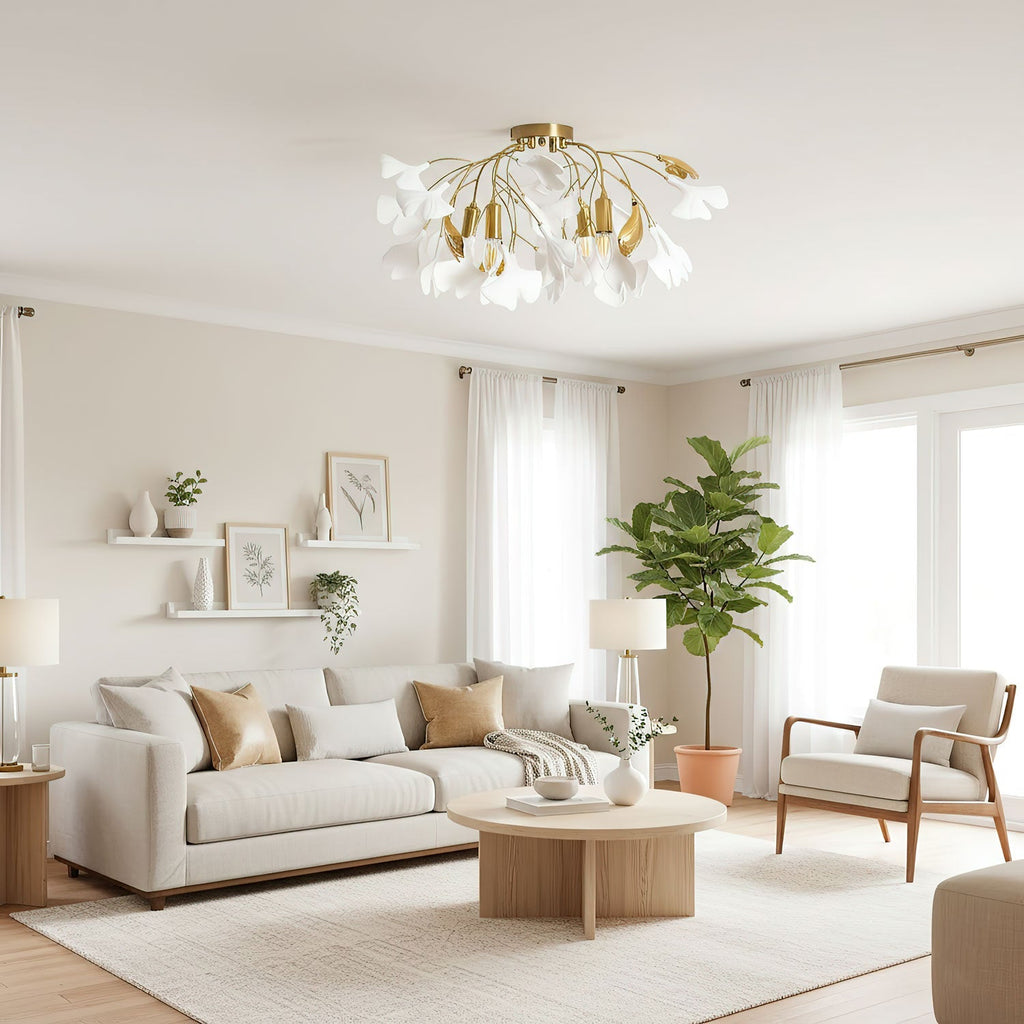 Ceramic Pendant Lamp Ginkgo Leaf | Gold-Colored Fixture with White Leaves | Modern Nature-Inspired Design for Living Room Dining Room Bedroom - Lamylie