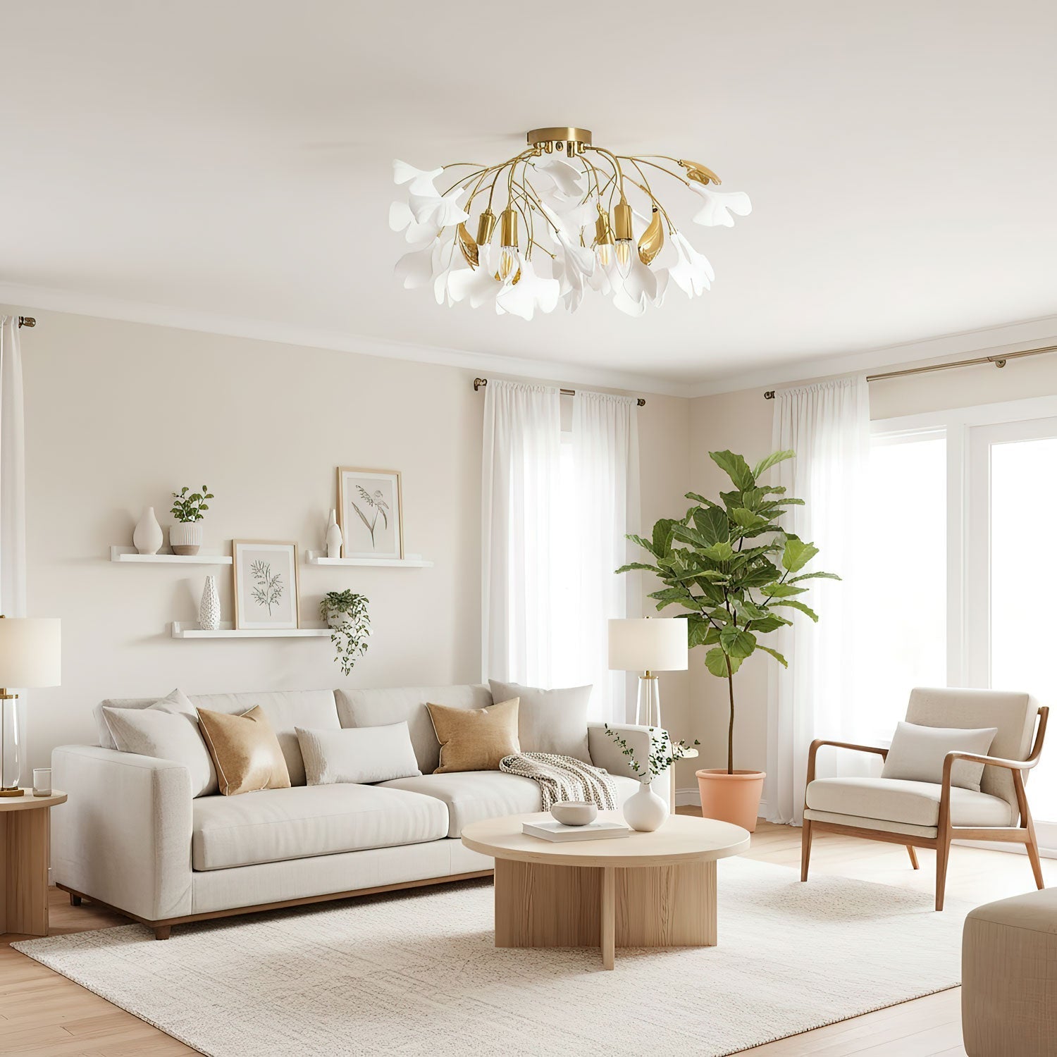 Ceramic Pendant Lamp Ginkgo Leaf | Gold-Colored Fixture with White Leaves | Modern Nature-Inspired Design for Living Room Dining Room Bedroom - Lamylie