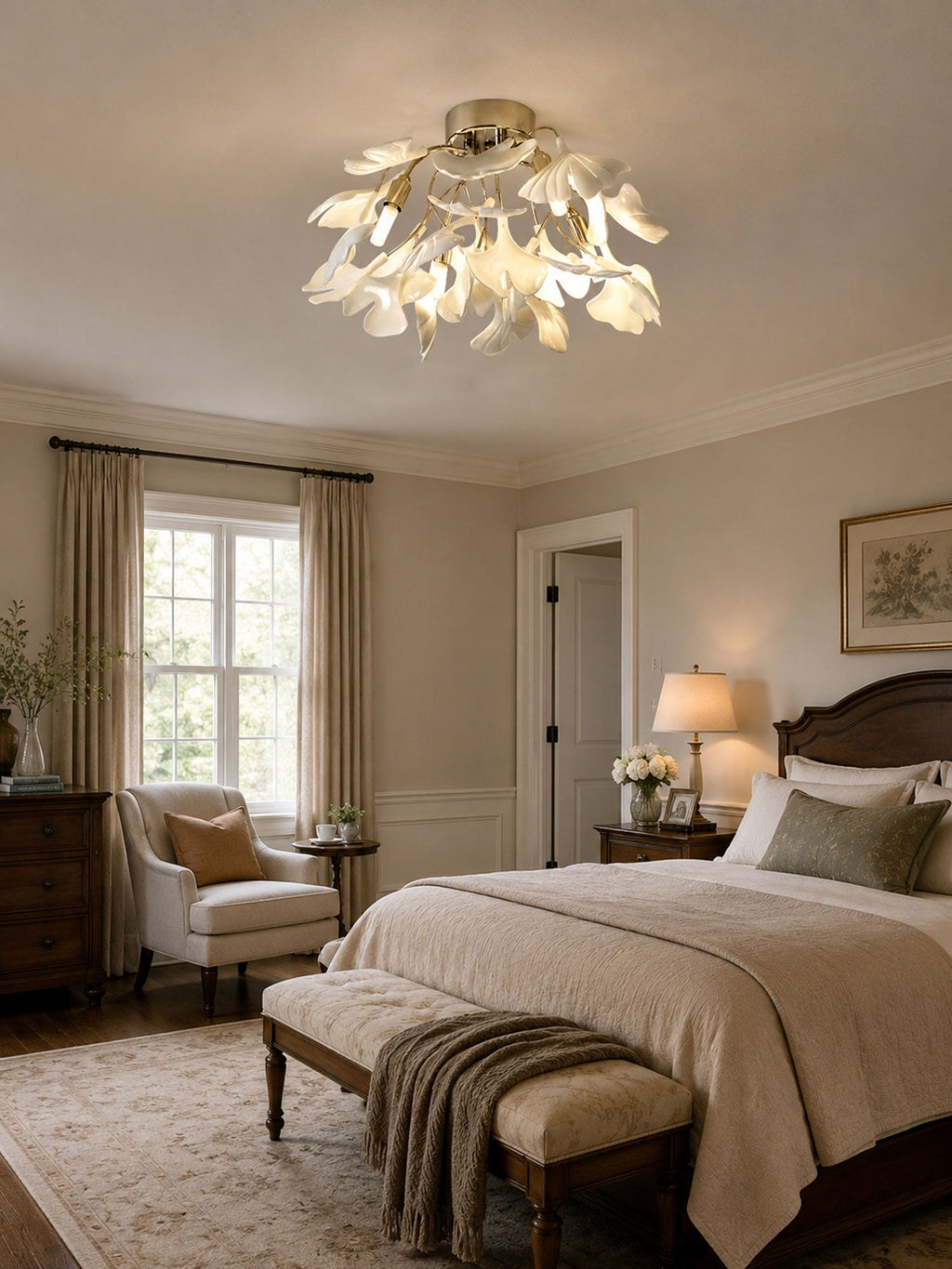 Ceramic Pendant Lamp Ginkgo Leaf | Gold-Colored Fixture with White Leaves | Modern Nature-Inspired Design for Living Room Dining Room Bedroom - Lamylie