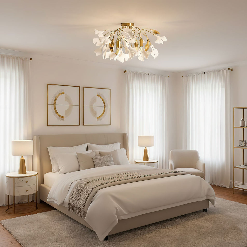 Ceramic Pendant Lamp Ginkgo Leaf | Gold-Colored Fixture with White Leaves | Modern Nature-Inspired Design for Living Room Dining Room Bedroom - Lamylie